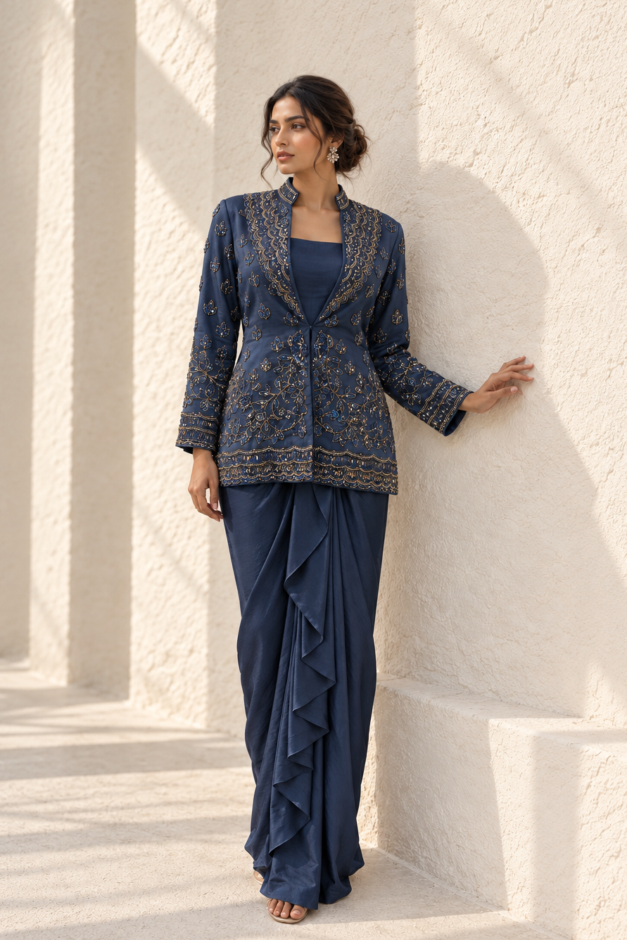 Rich Navy Embellished Crepe Silk Skirt Set