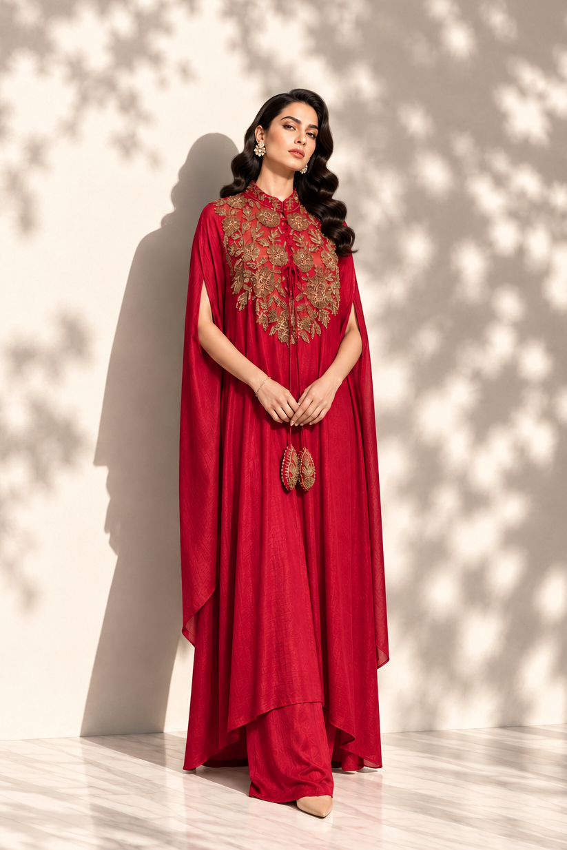 Ruby Red Embellished Crepe Silk Cape Set