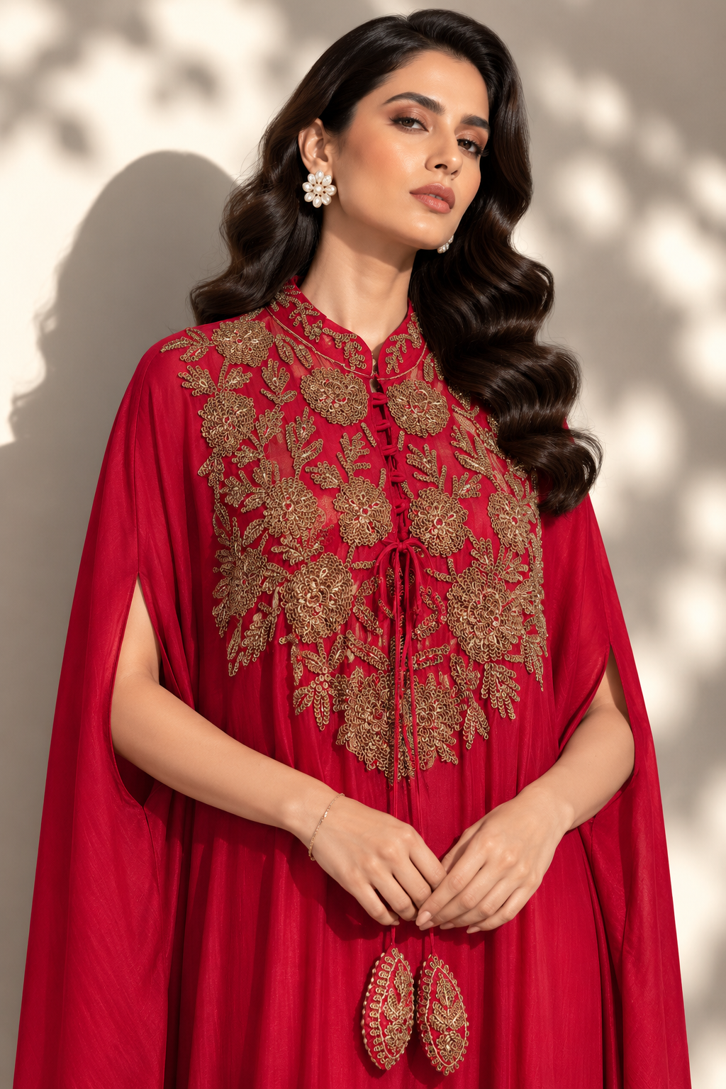 Ruby Red Embellished Crepe Silk Cape Set
