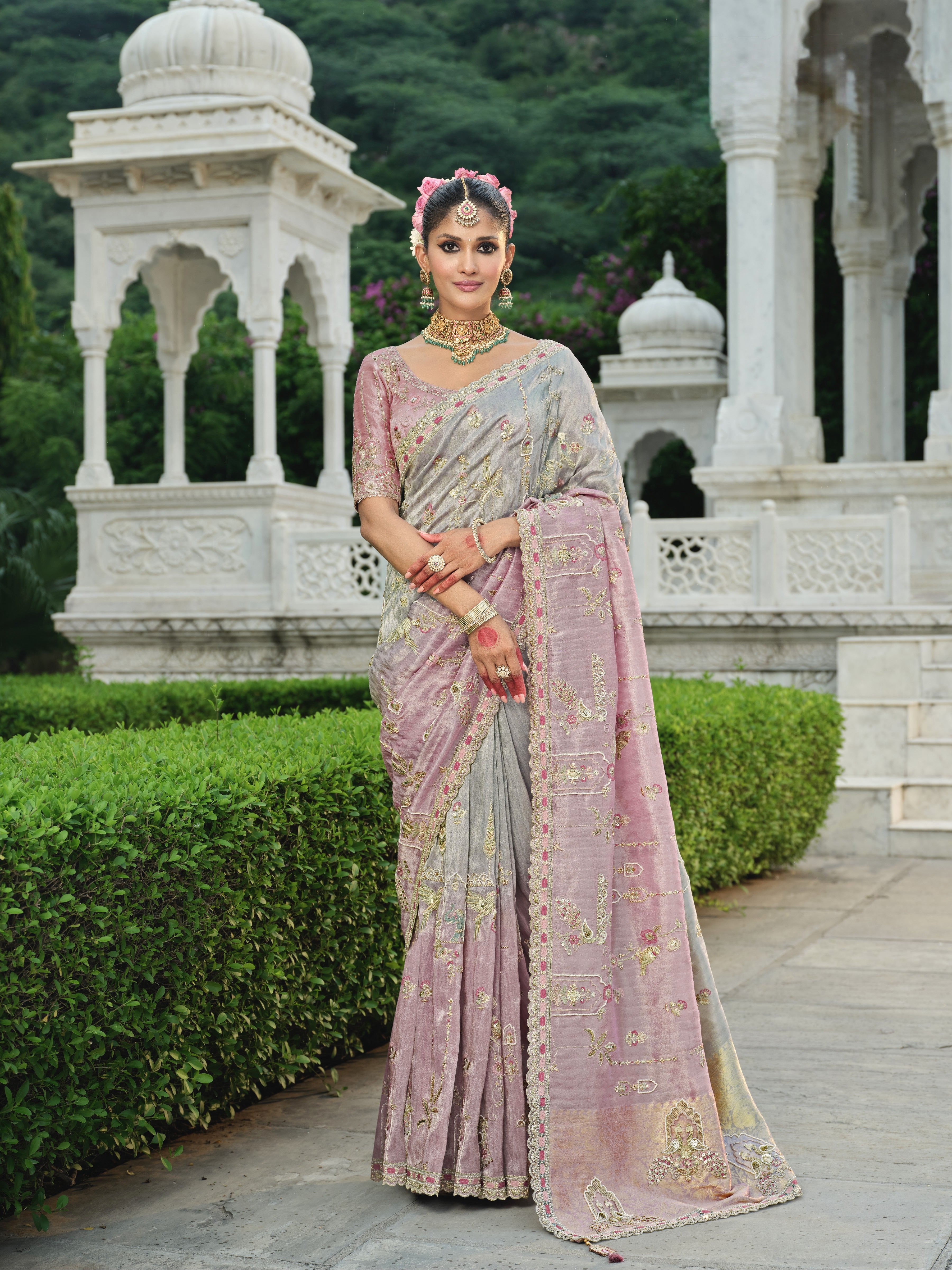 Ash Grey Embellished Tissue Organza Silk Saree