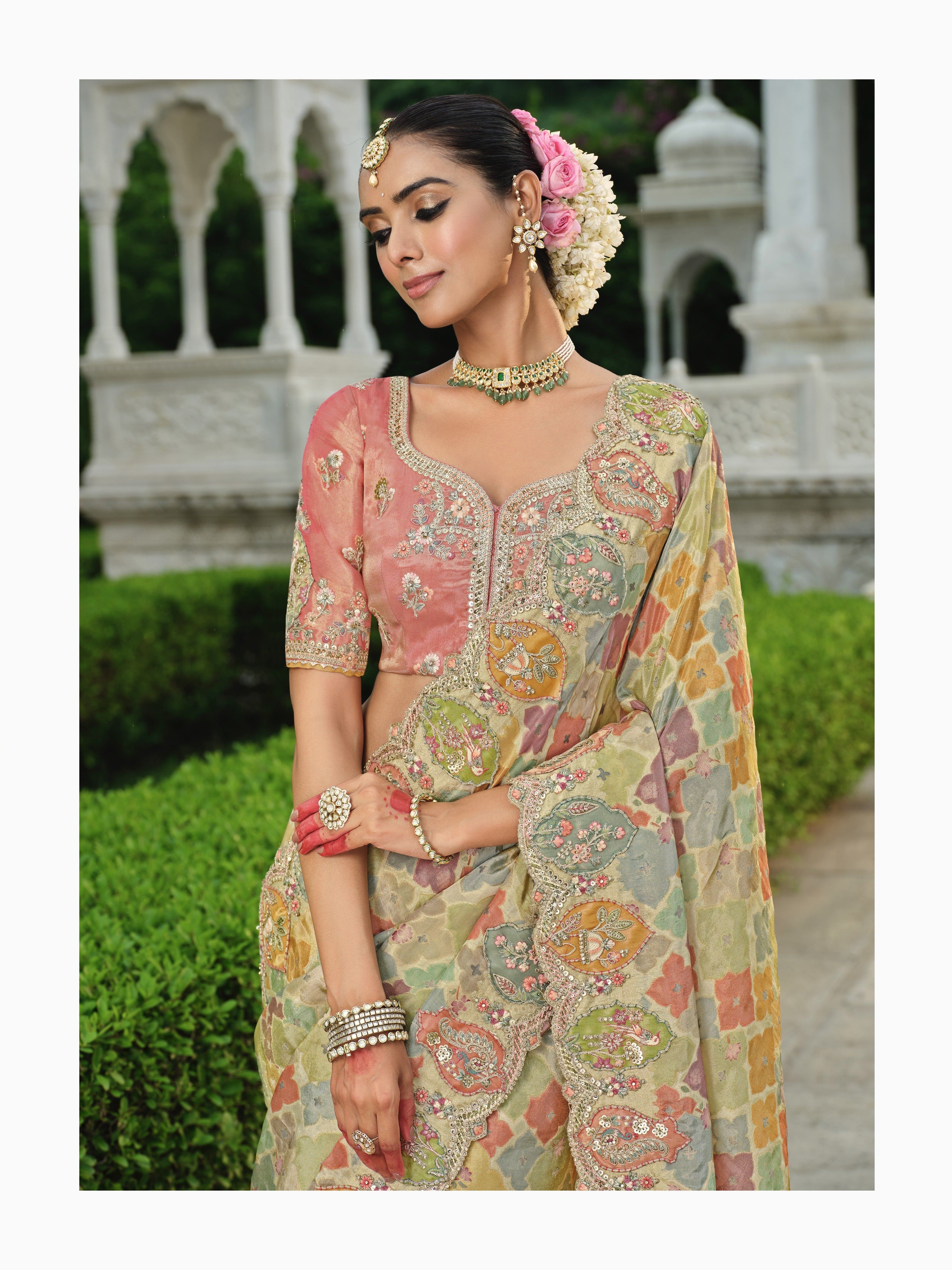 Misty Multi Embellished Tissue Organza Silk Saree
