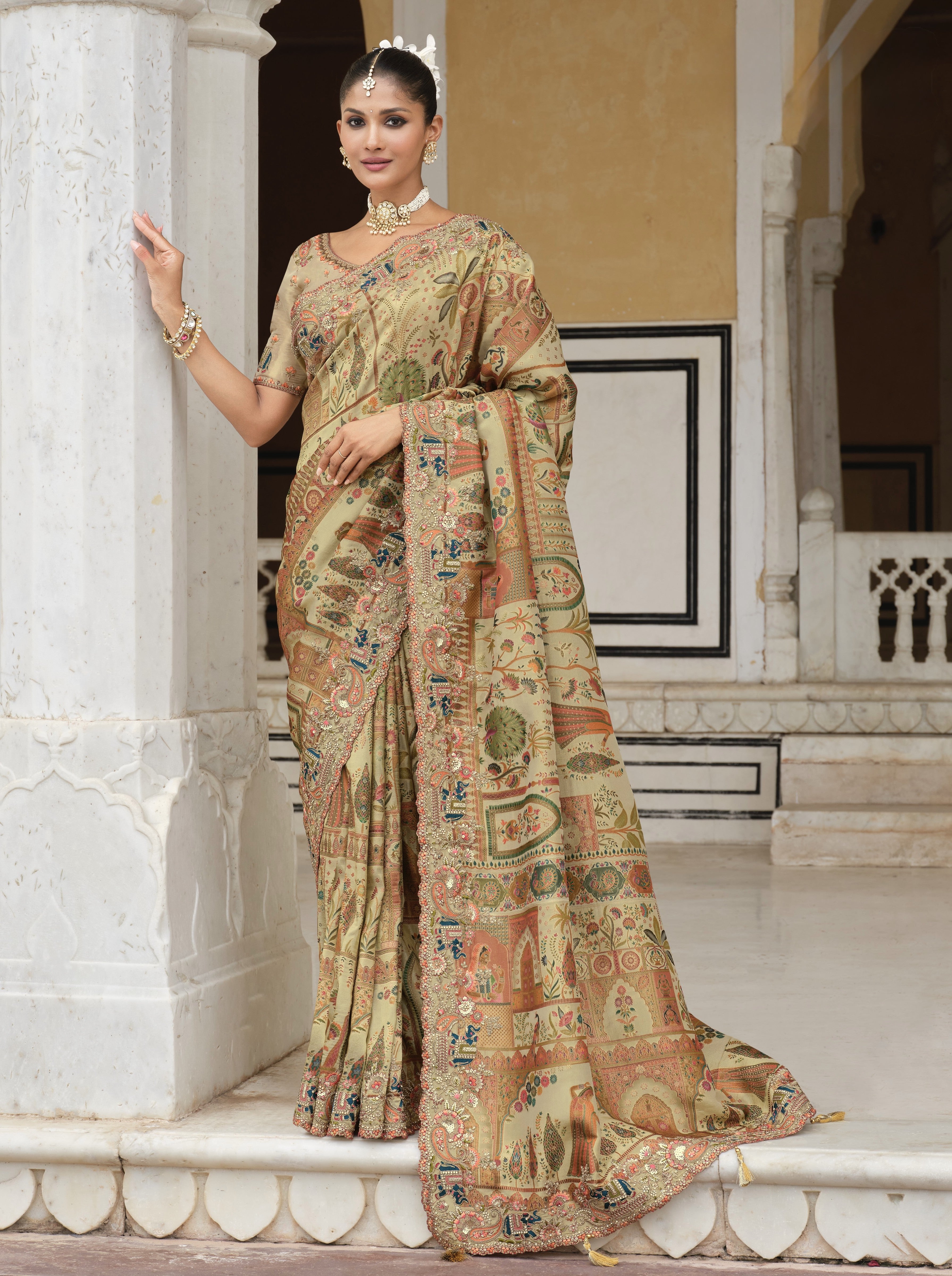 Golden Beige Embellished Tissue Organza Saree