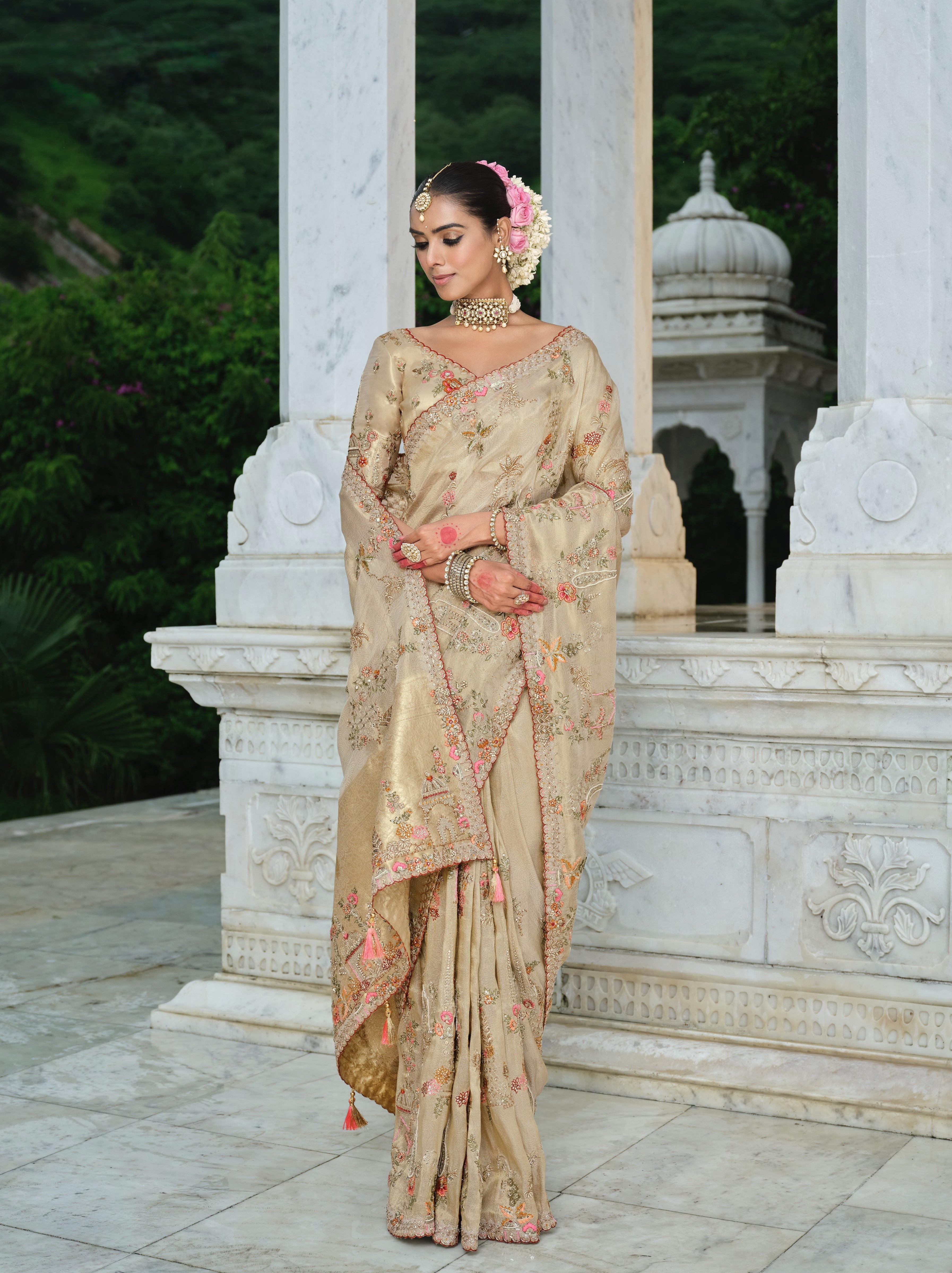 Golden Beige Embellished Shimmer Tissue Silk Saree