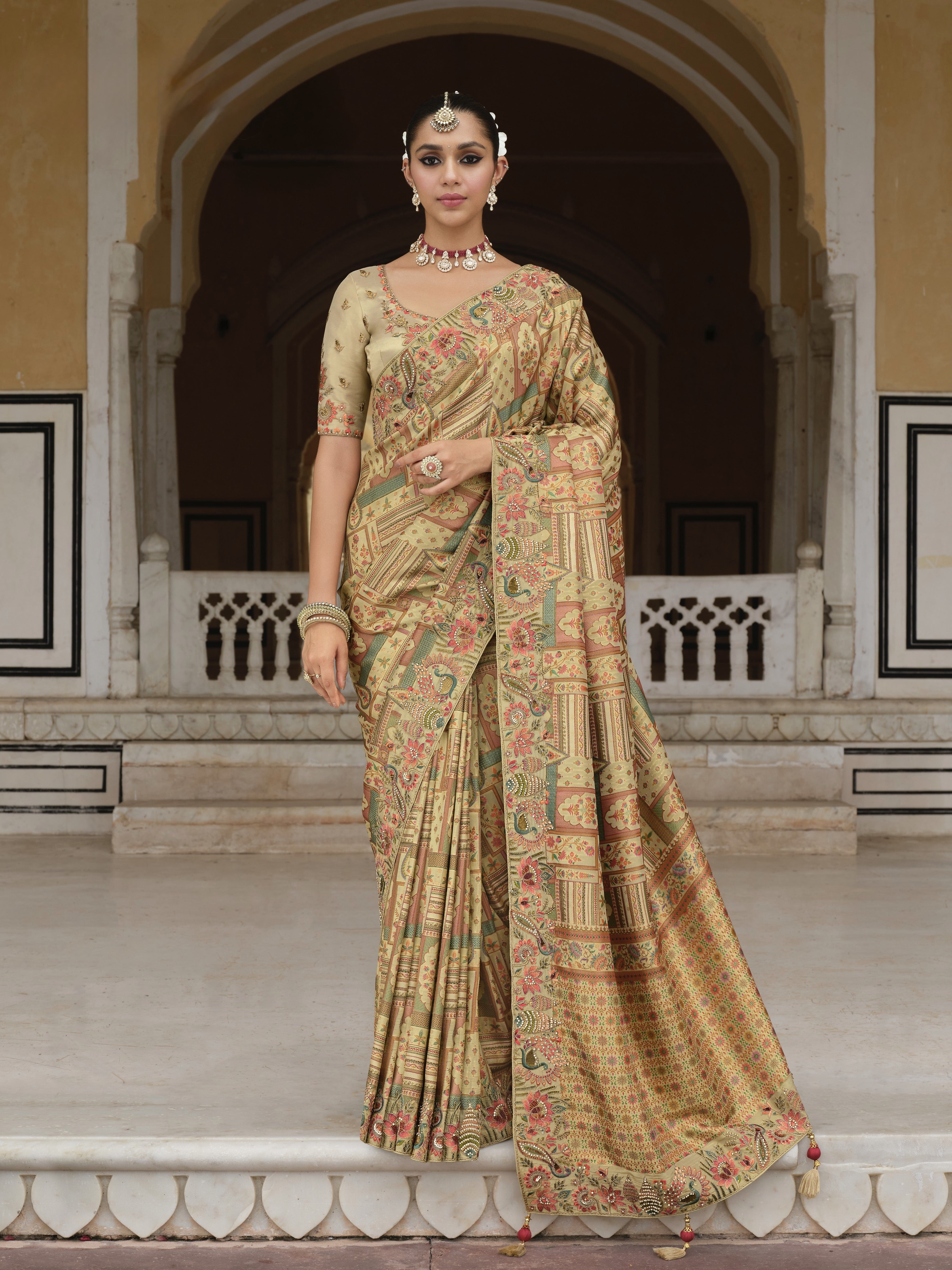 Antique Beige Printed Tissue Organza Silk Saree