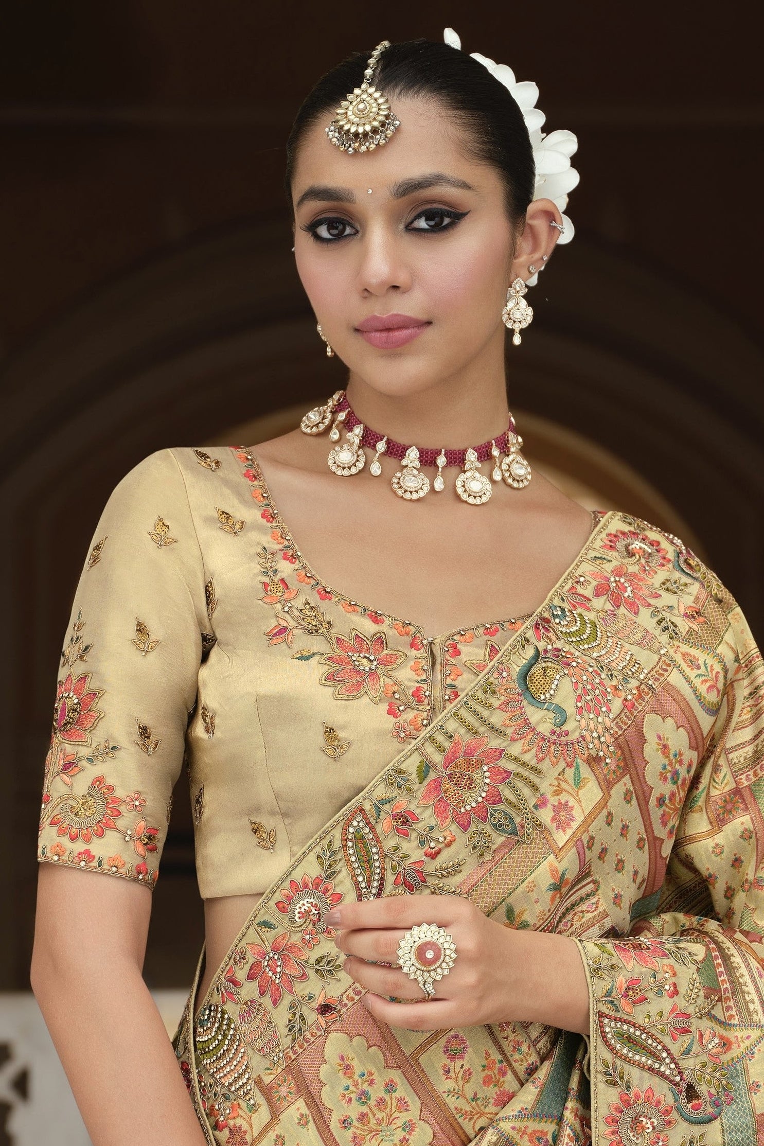 Antique Beige Printed Tissue Organza Silk Saree