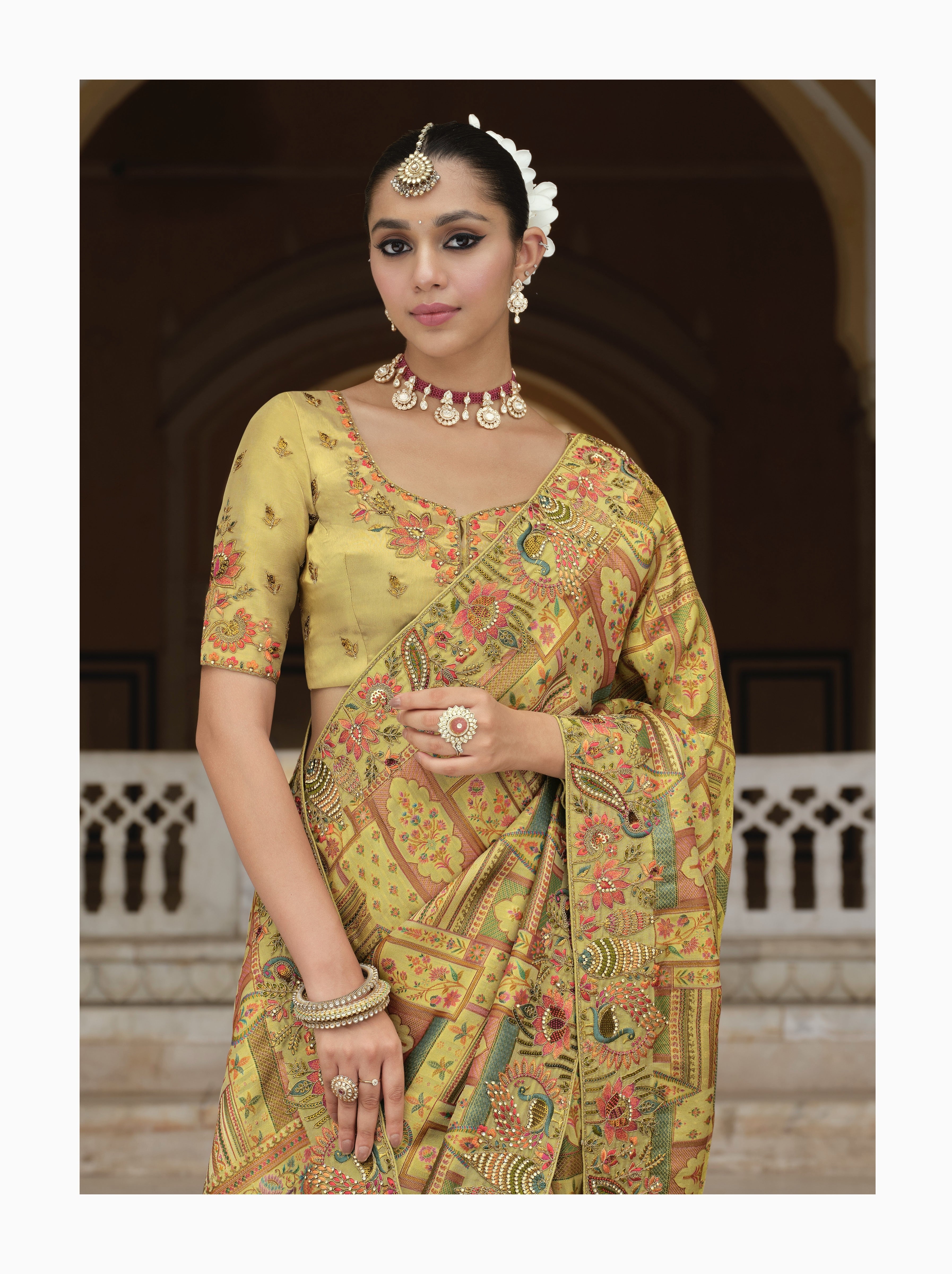 Dusky Yellow Printed Tissue Organza Silk Saree