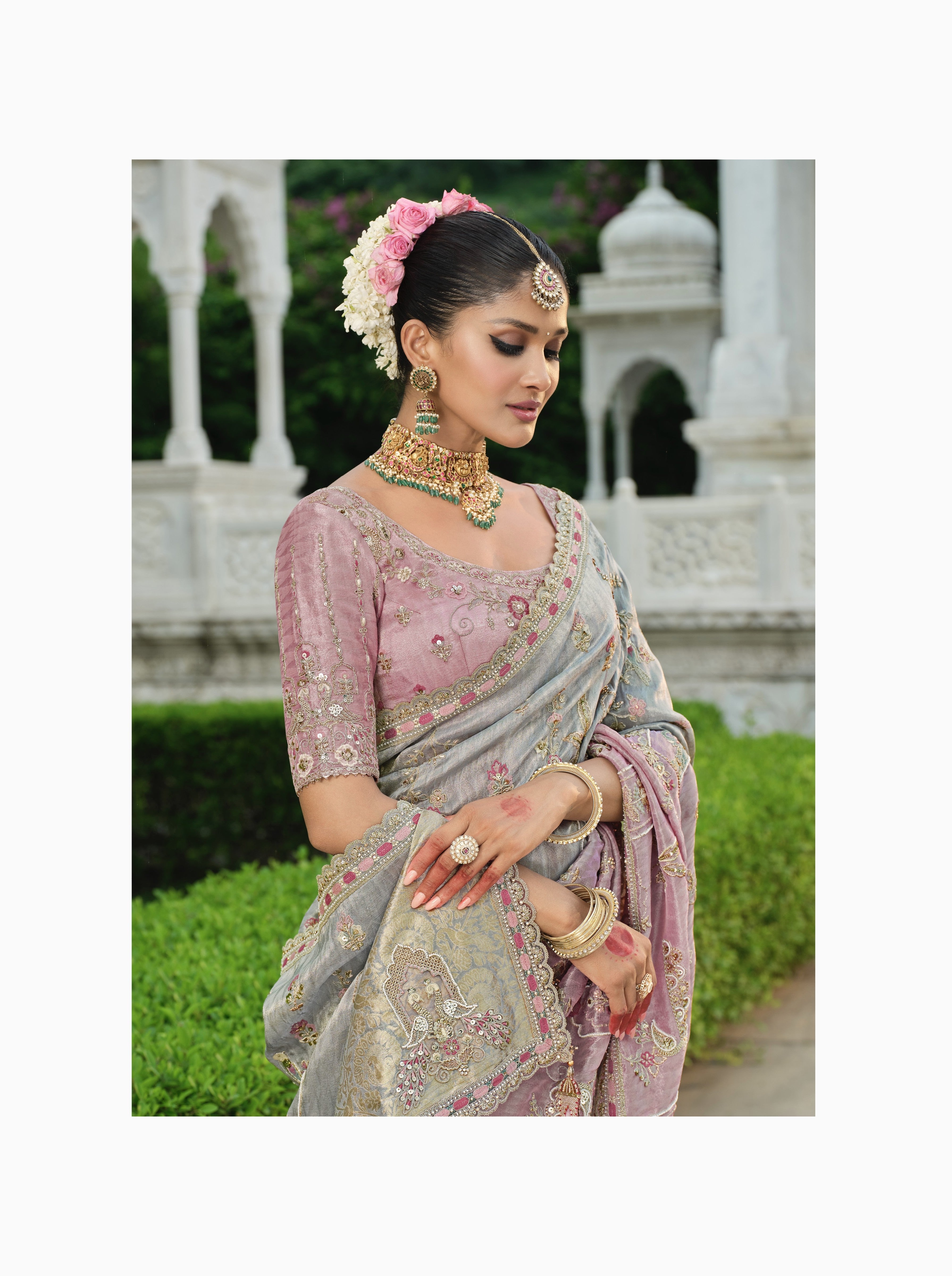 Ash Grey Embellished Tissue Organza Silk Saree