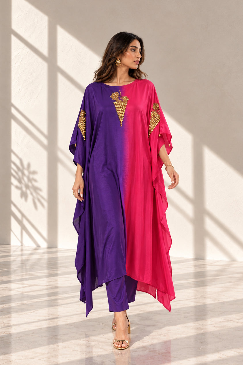 Purple and Pink Ombre Crepe Silk Kaftan Co-ord Set