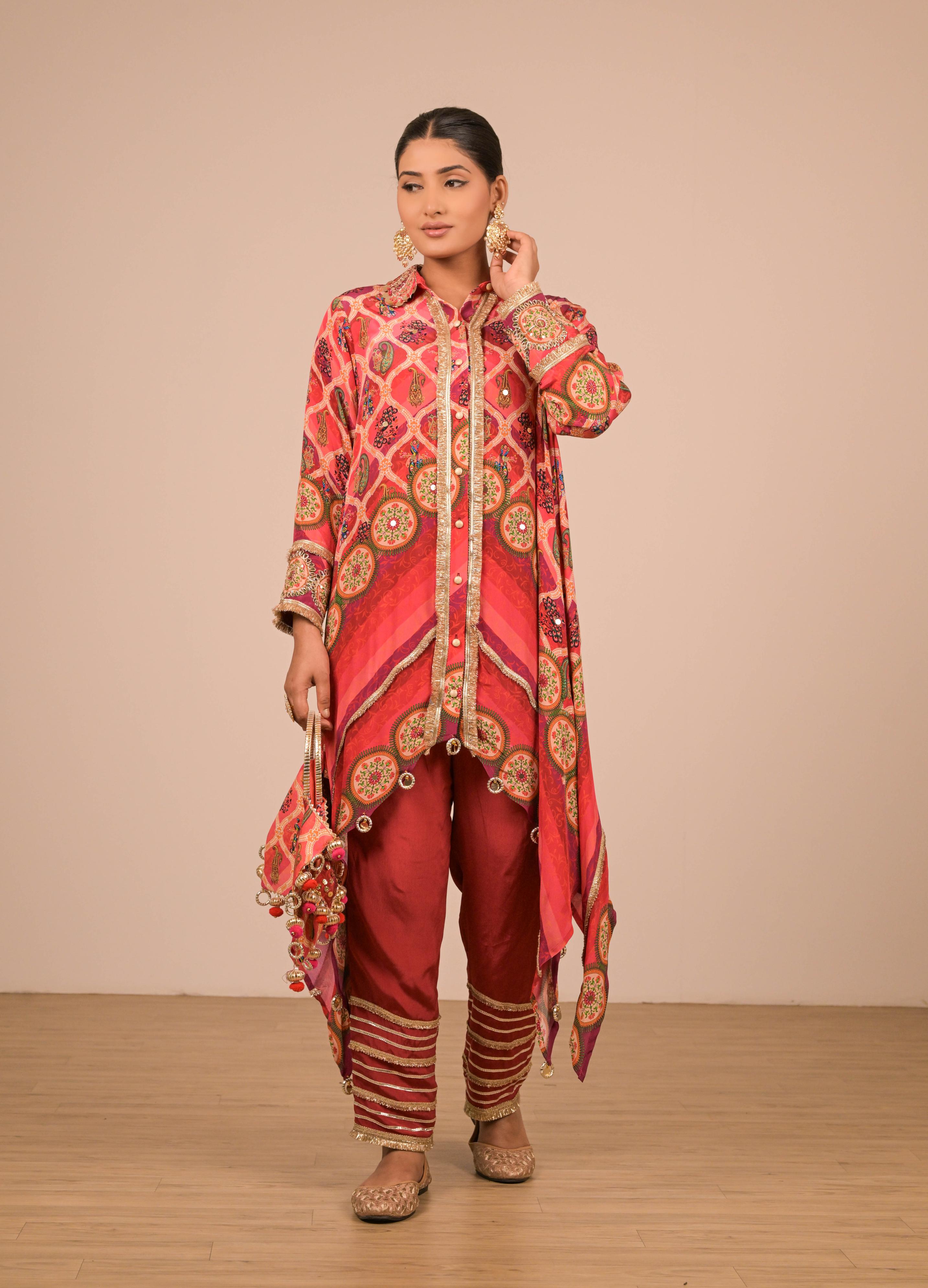 Red-Pink Asymmetrical Printed Kurta Set