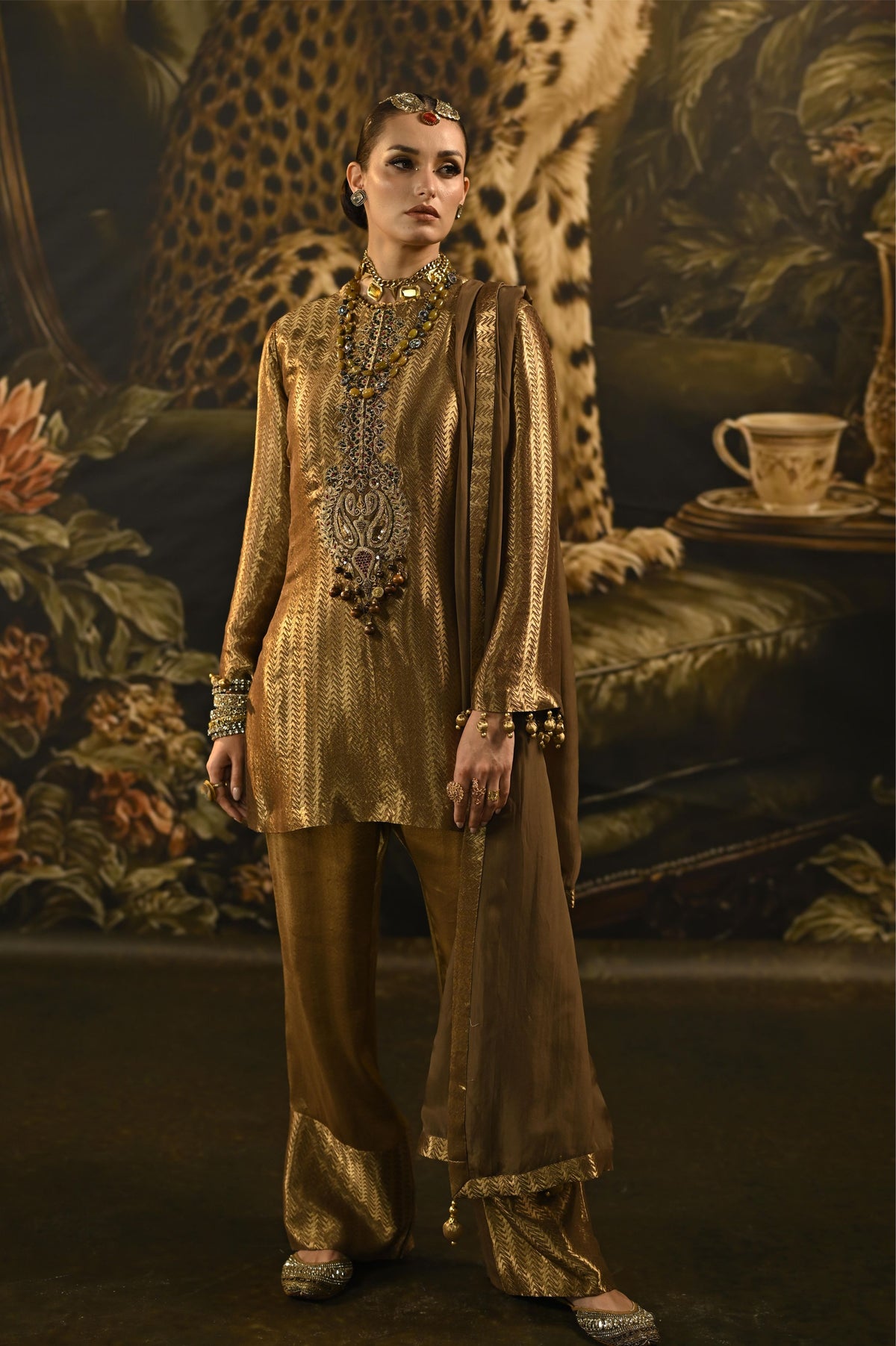 Champagne Gold Embellished Banarasi Brocade Silk Pant Set