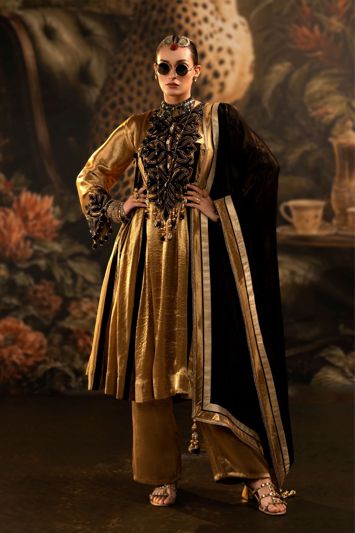 Metallic Gold Embellished Banarasi Tissue Silk Anarkali Set