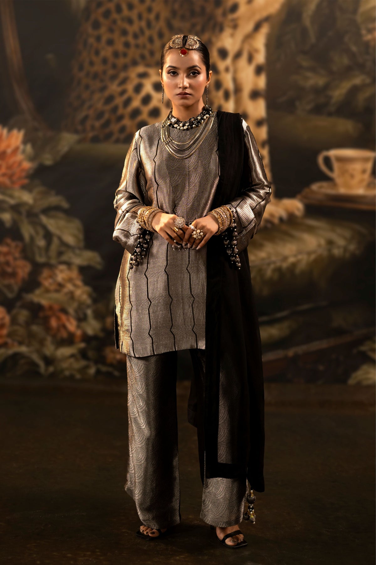Silver Grey Embellished Banarasi Brocade Silk Pant Set