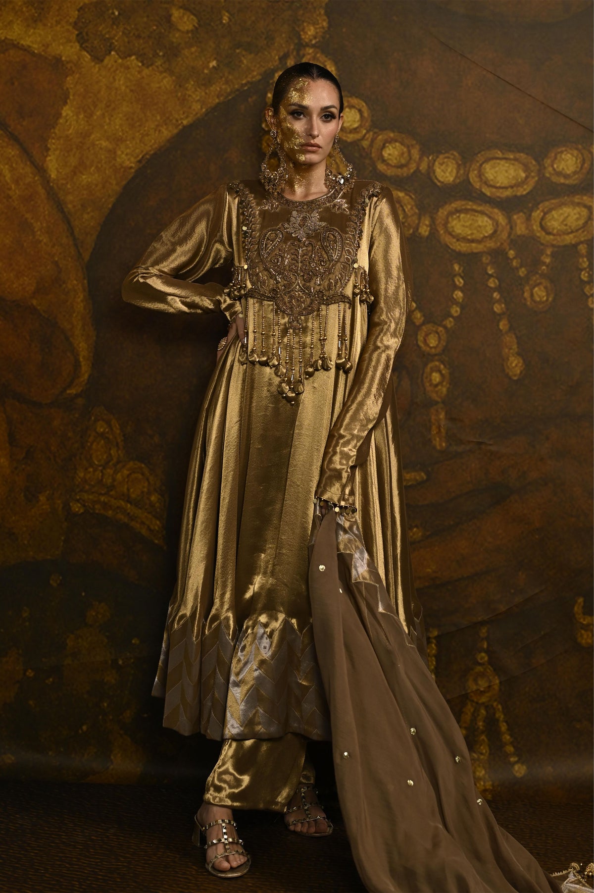 Antique Gold Embellished Banarasi Silk Tissue Anarkali Set