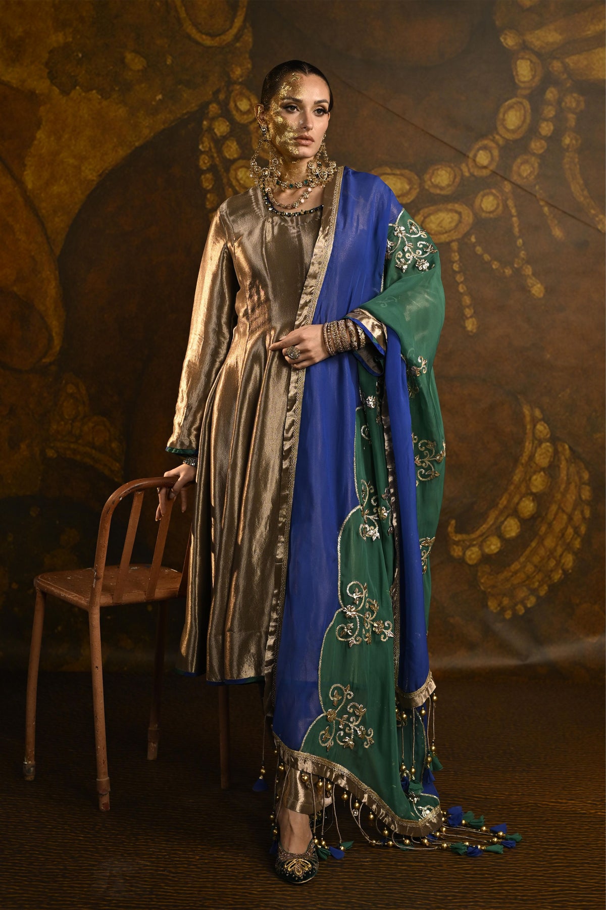 Bronze Gold Embellished Banarasi Silk Tissue Anarkali Set