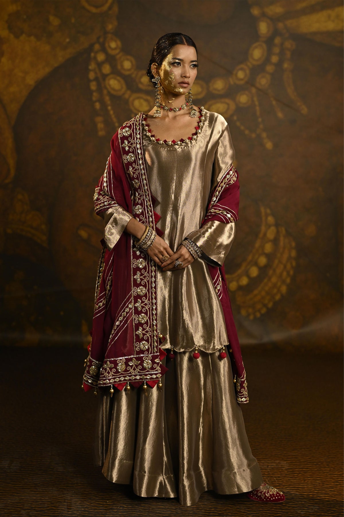Gold Royal Embellished Tissue Banarasi Silk Sharara Set