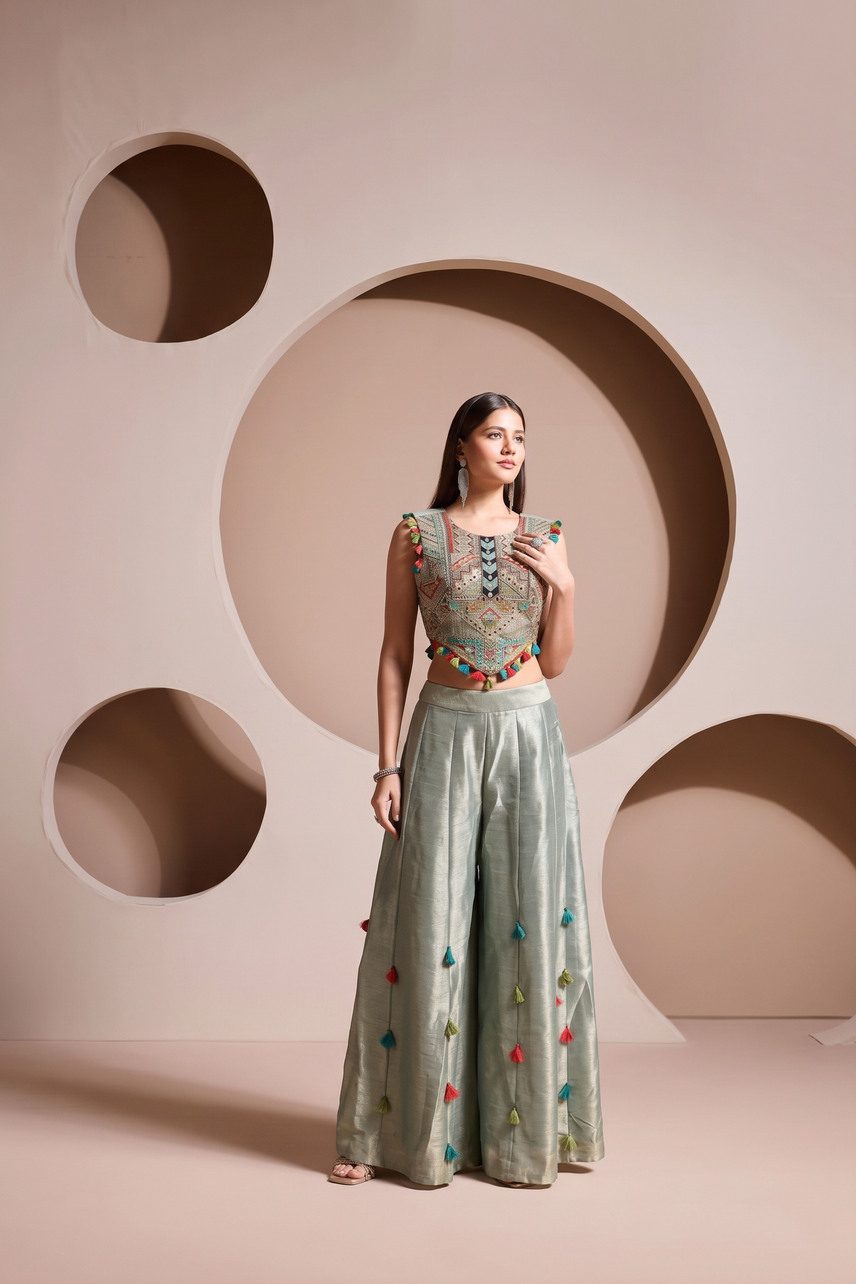 Ice Blue Embellished Banarasi Silk Palazzo Set