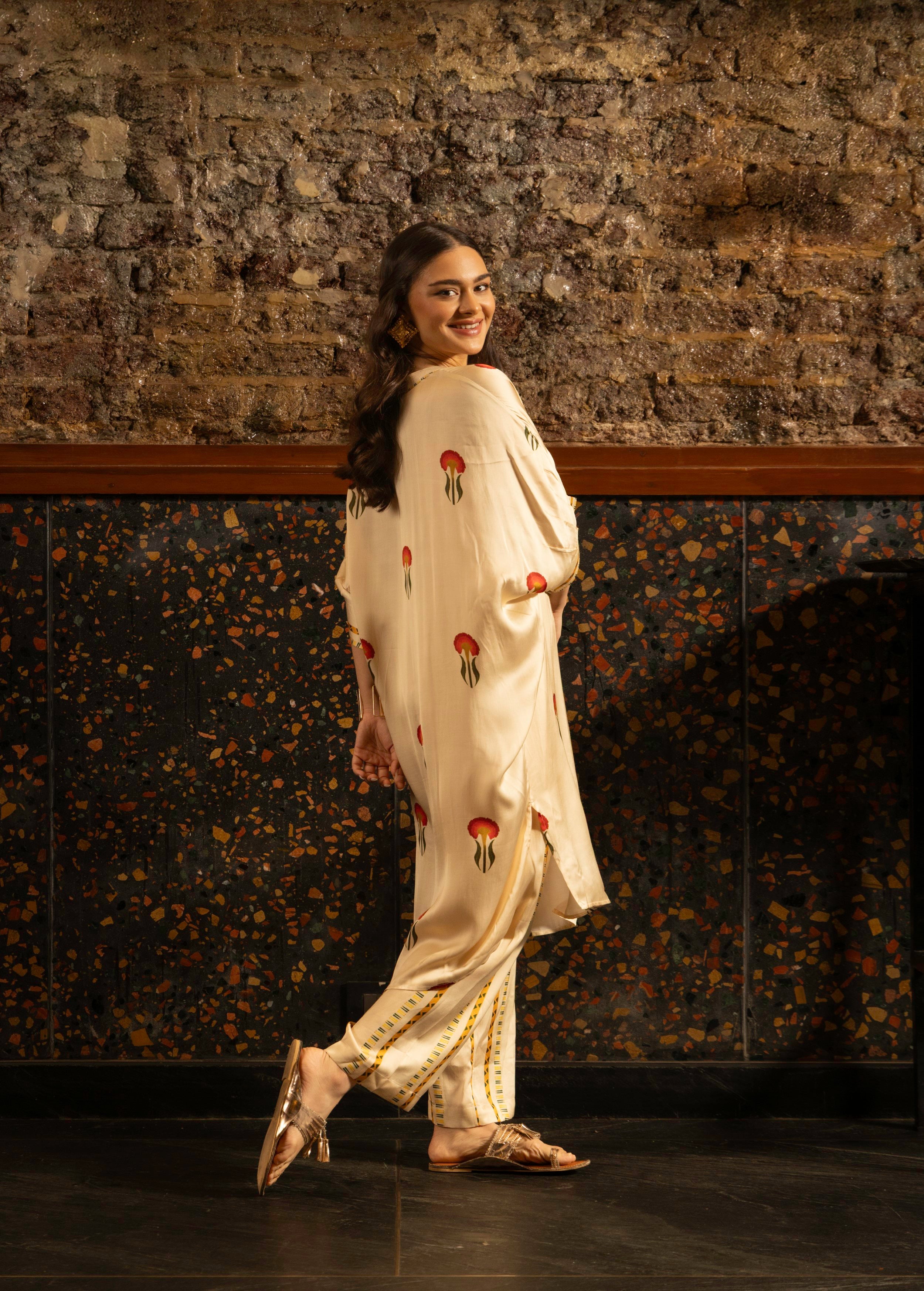 Ivory Botnical Printed Satin Silk Kurta Set