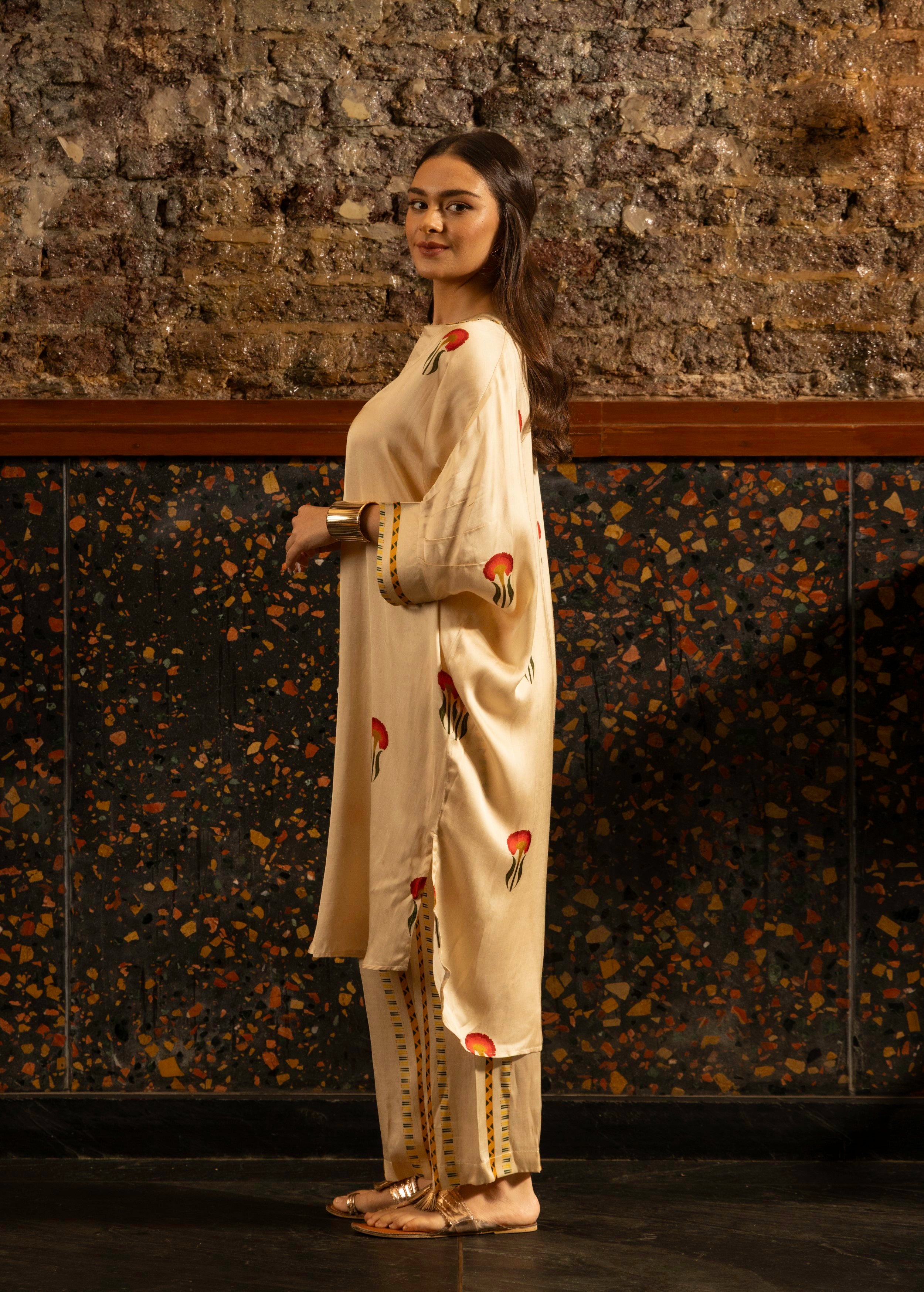 Ivory Botnical Printed Satin Silk Kurta Set
