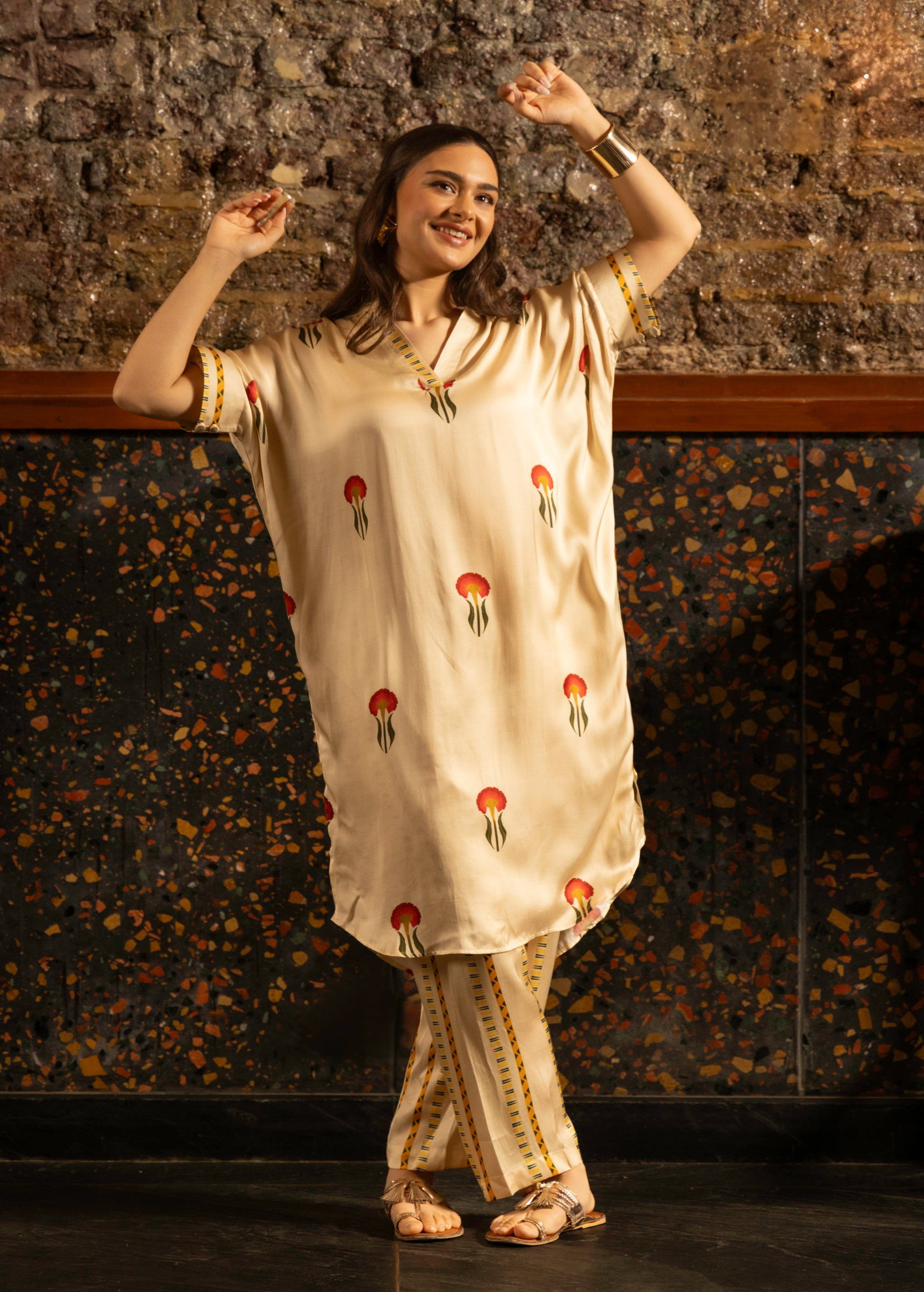 Ivory Botnical Printed Satin Silk Kurta Set