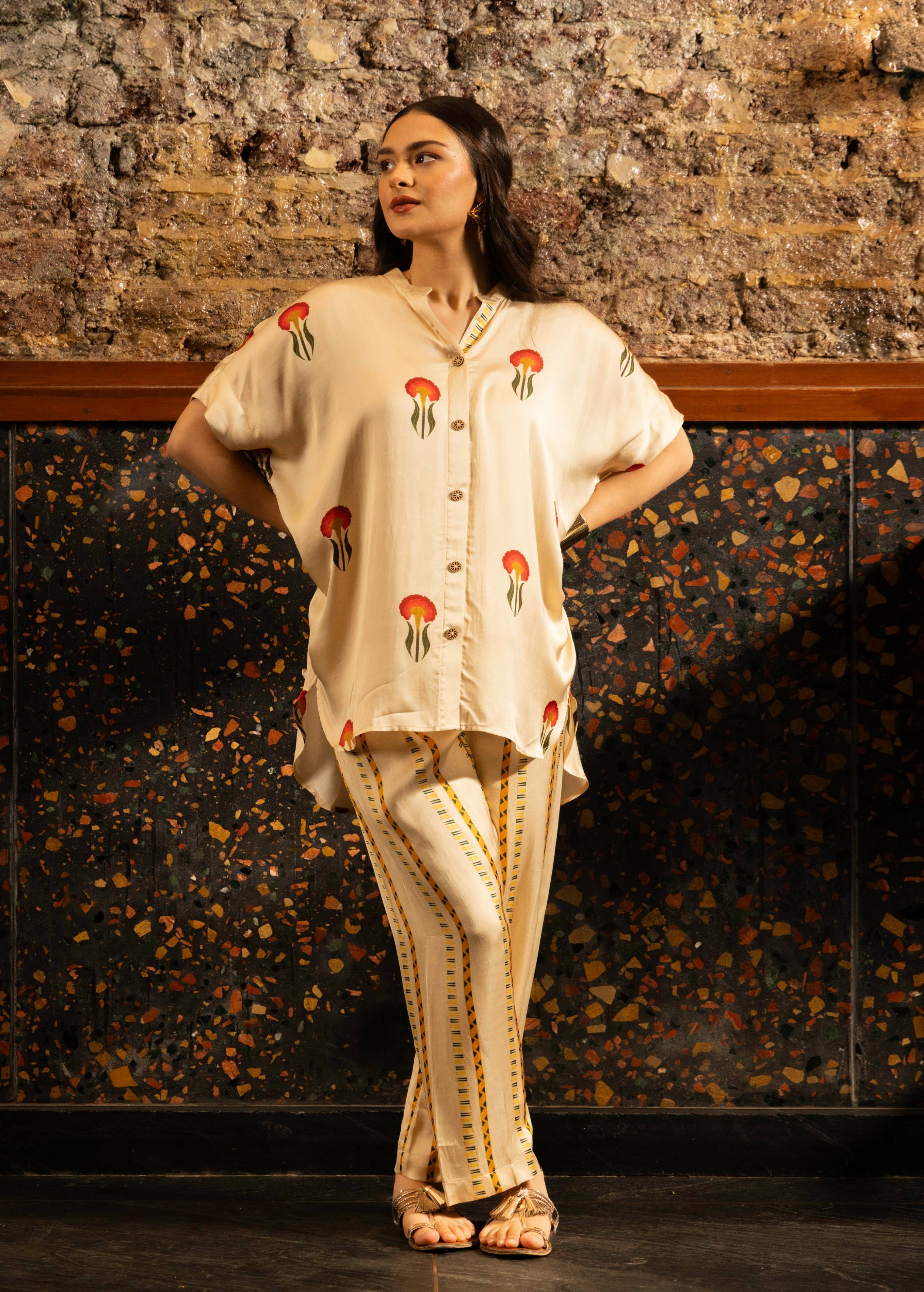 Ivory Botnical Printed Satin Silk Co-Ord Set