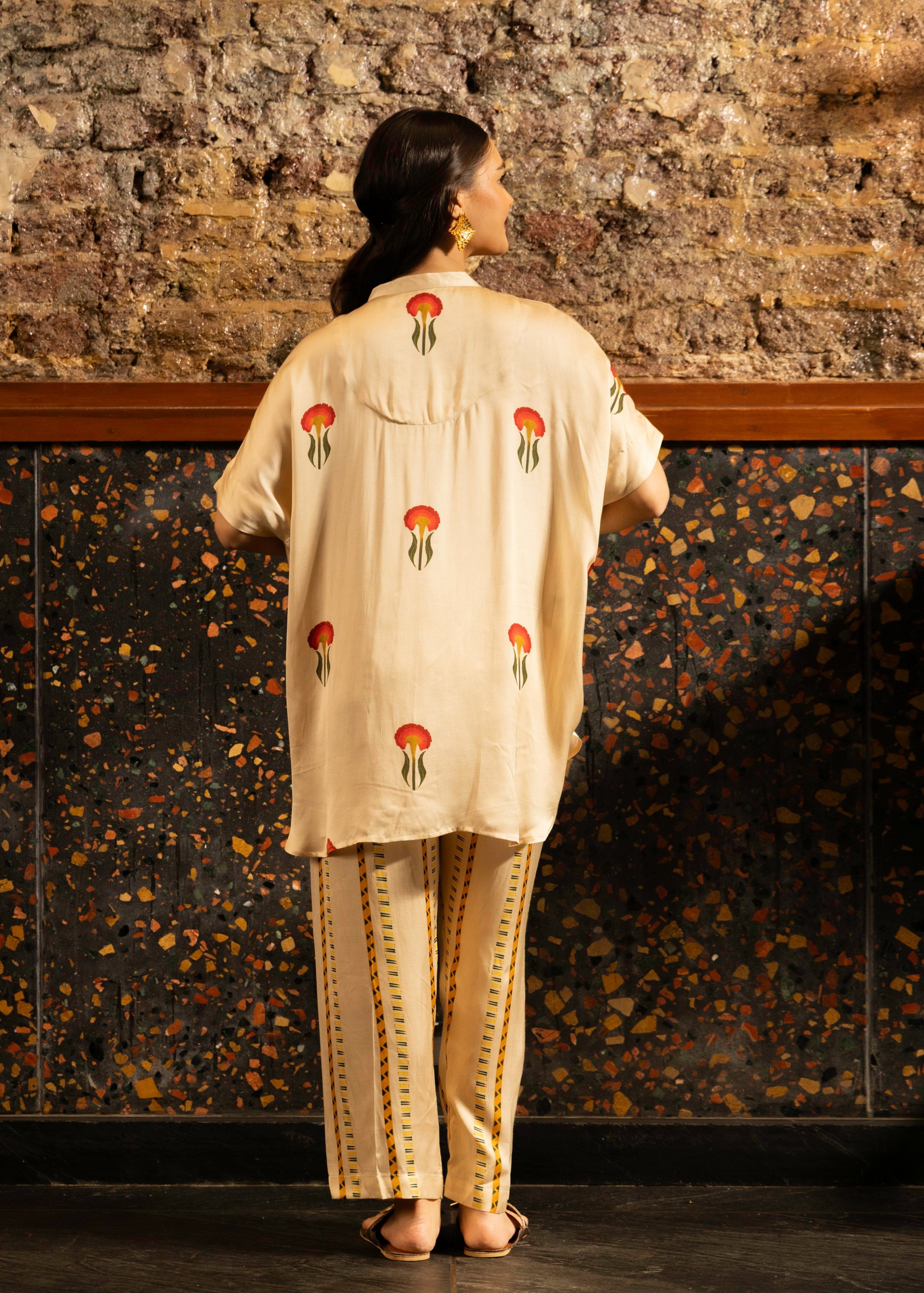 Ivory Botnical Printed Satin Silk Co-Ord Set
