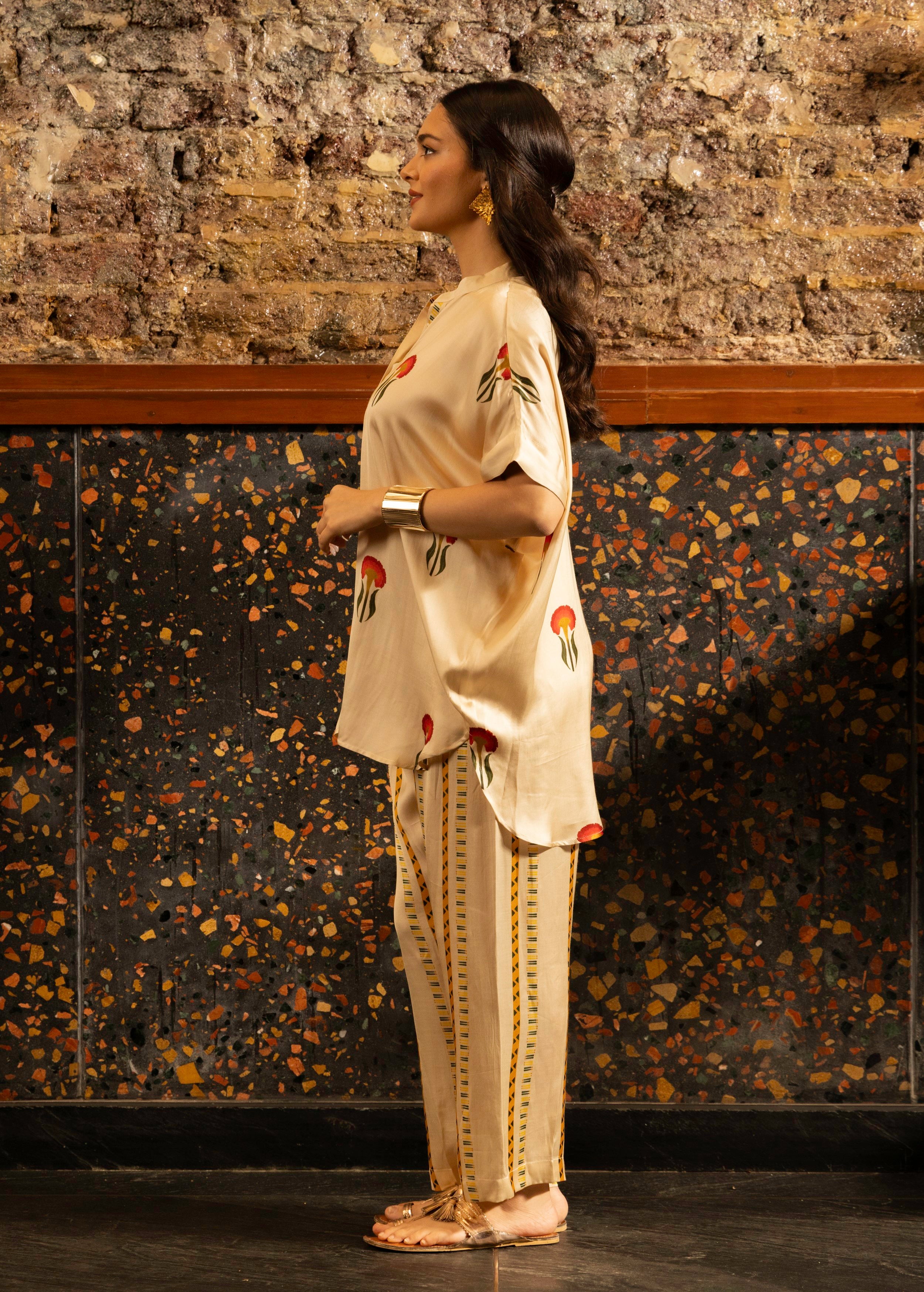 Ivory Botnical Printed Satin Silk Co-Ord Set