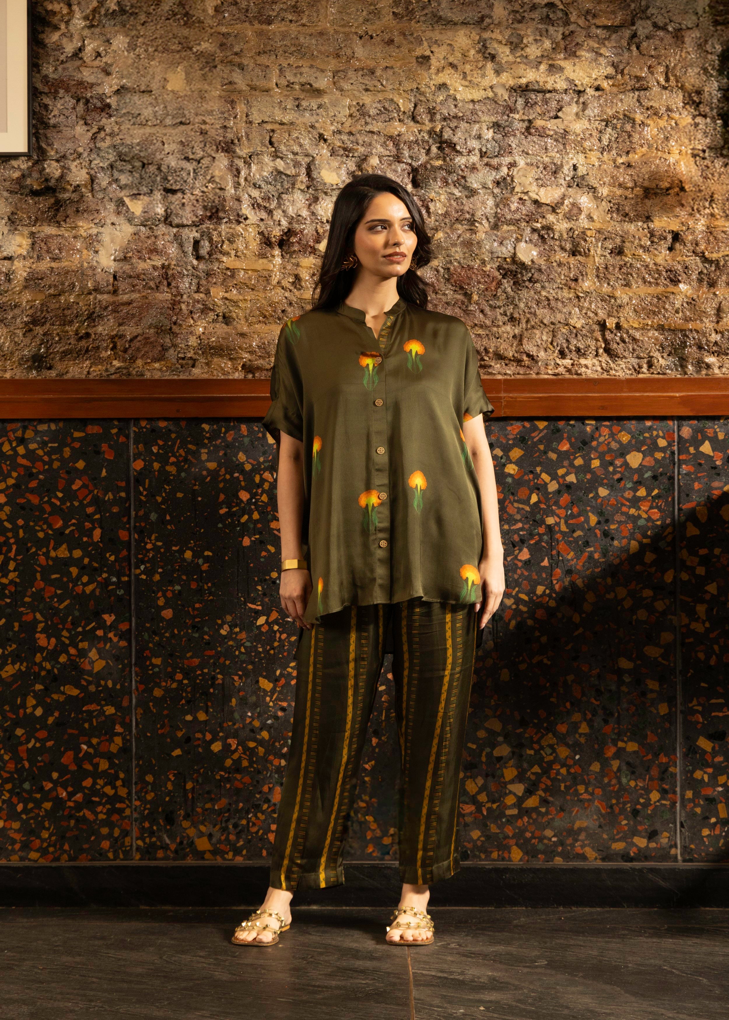 Olive Green Botnical Printed Satin Silk Co-Ord Set