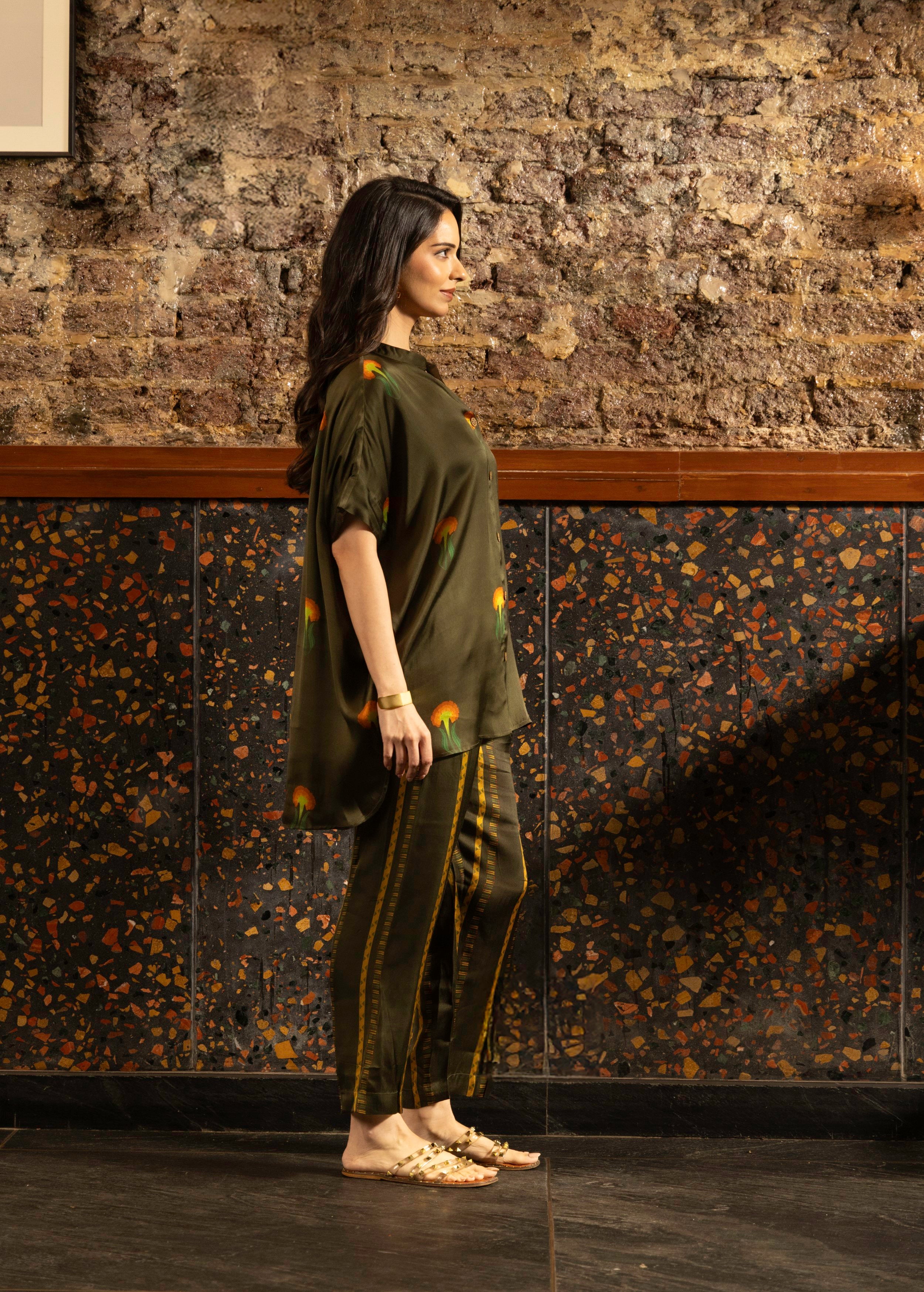 Olive Green Botnical Printed Satin Silk Co-Ord Set
