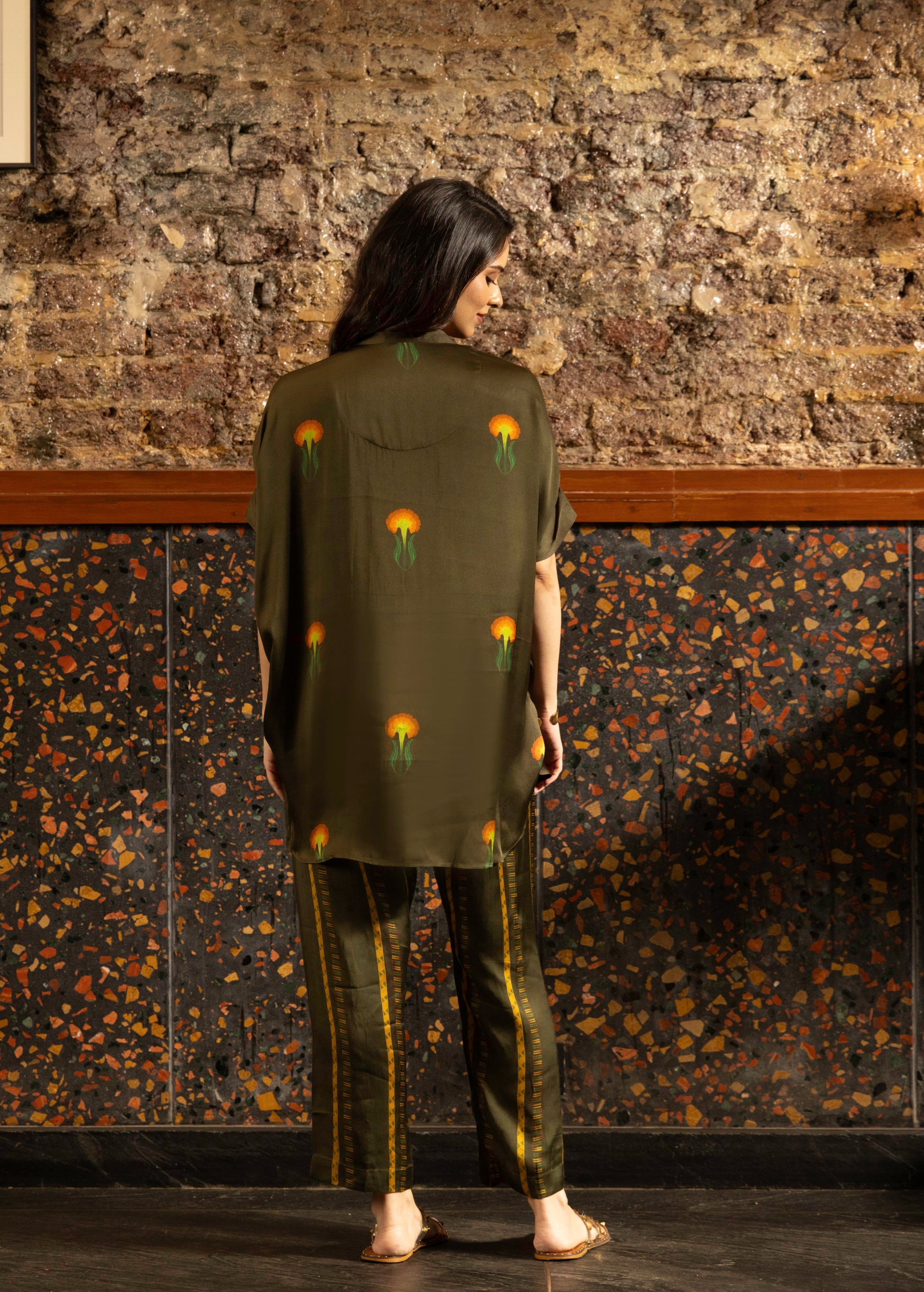 Olive Green Botnical Printed Satin Silk Co-Ord Set