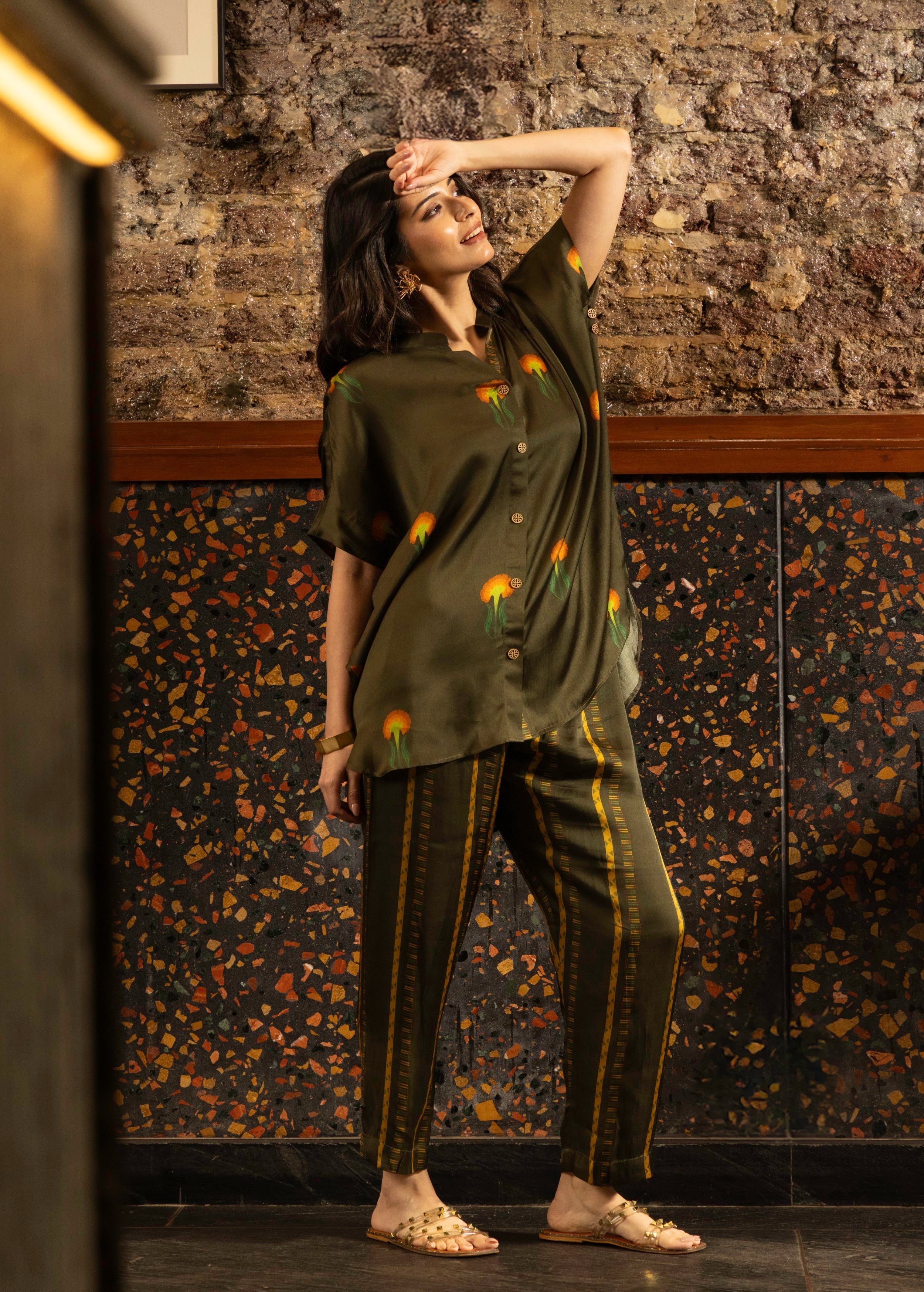 Olive Green Botnical Printed Satin Silk Co-Ord Set