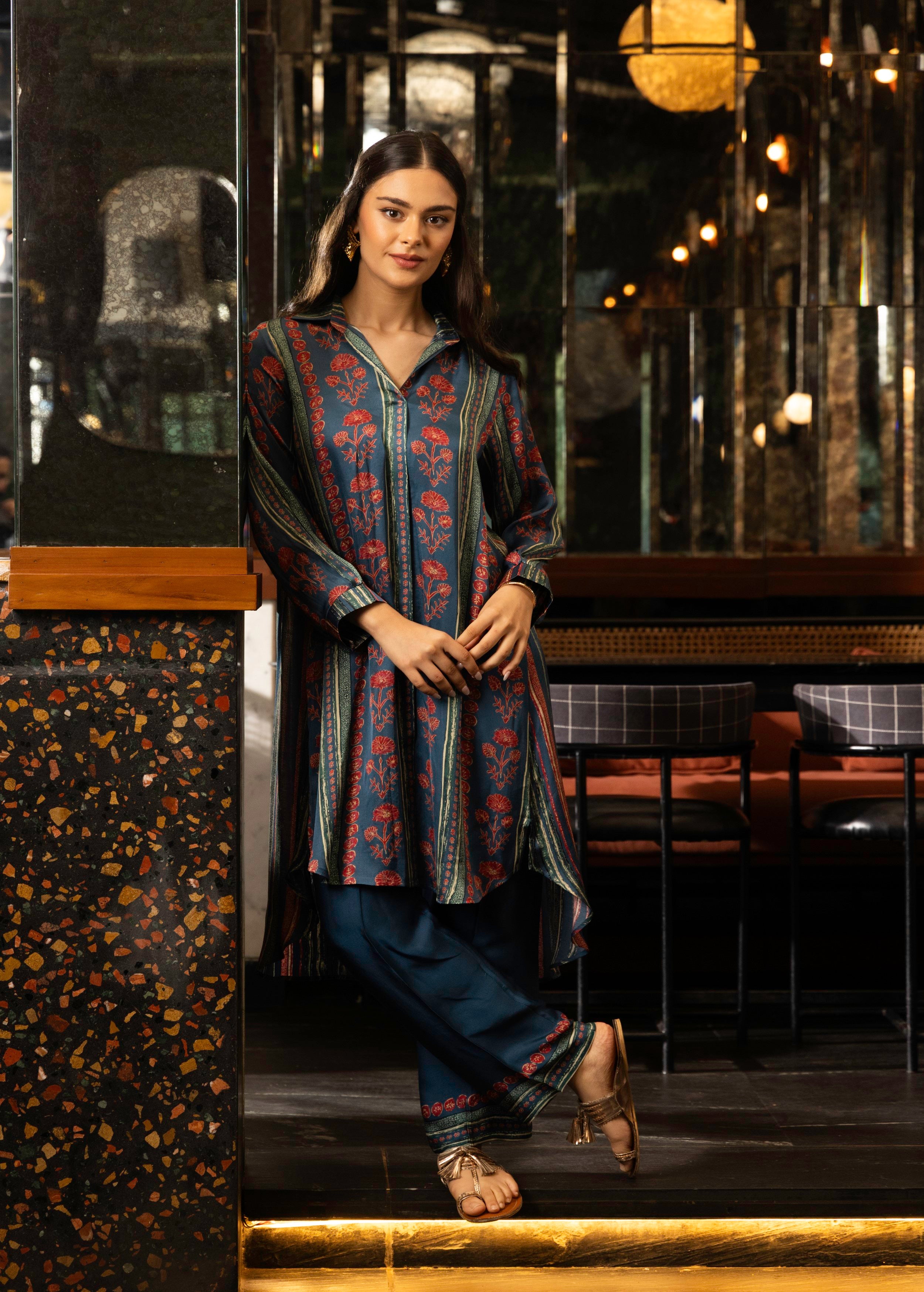 Blue Stripe Print Satin Silk Co-Ord Set