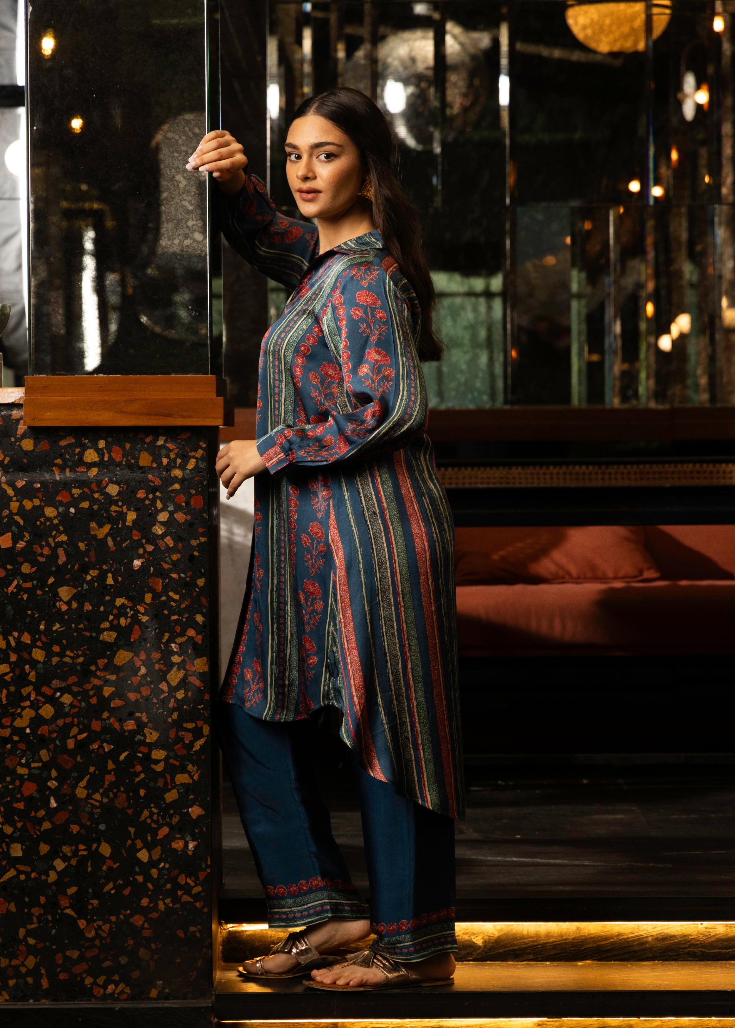 Blue Stripe Print Satin Silk Co-Ord Set
