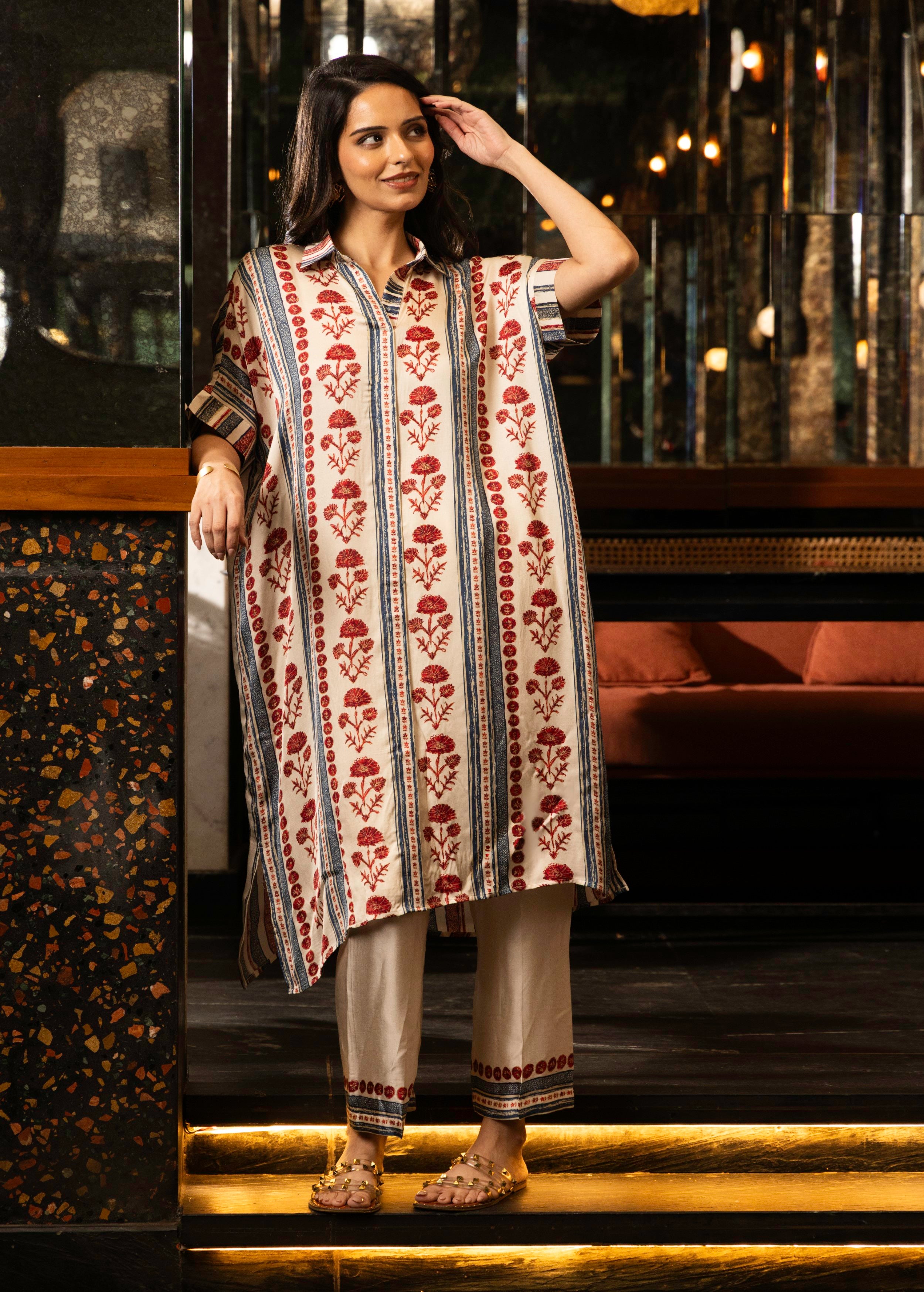 Ivory Stripe Print Satin Silk Kurta Set