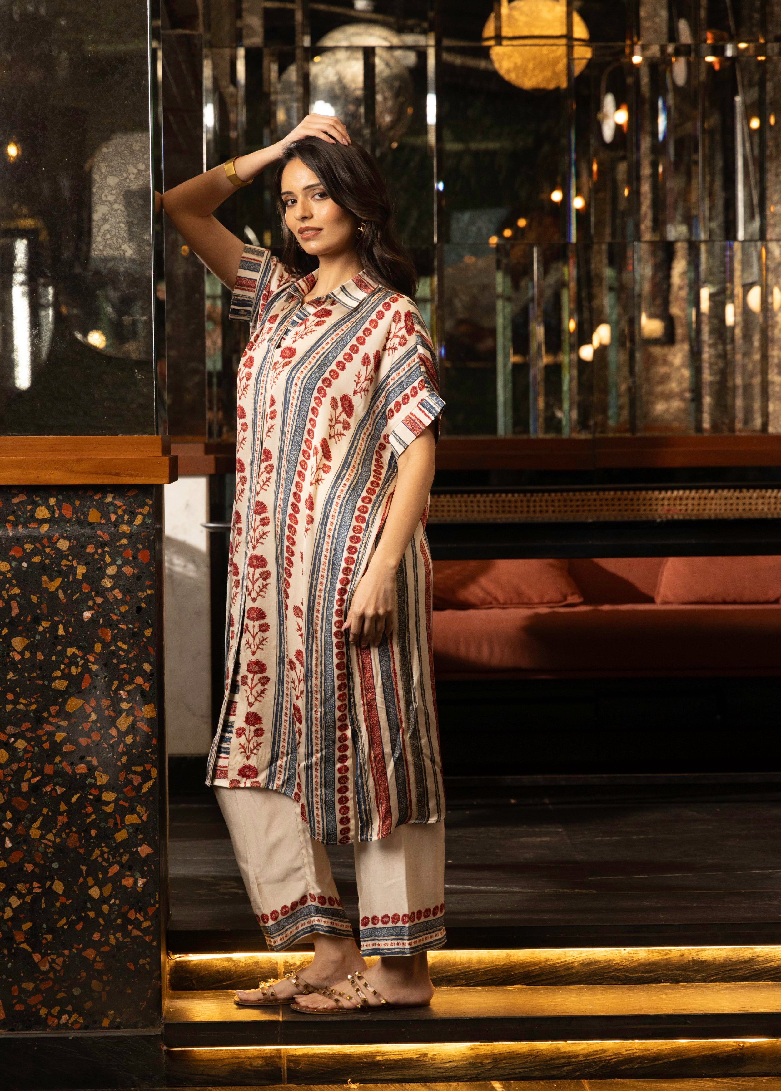 Ivory Stripe Print Satin Silk Kurta Set