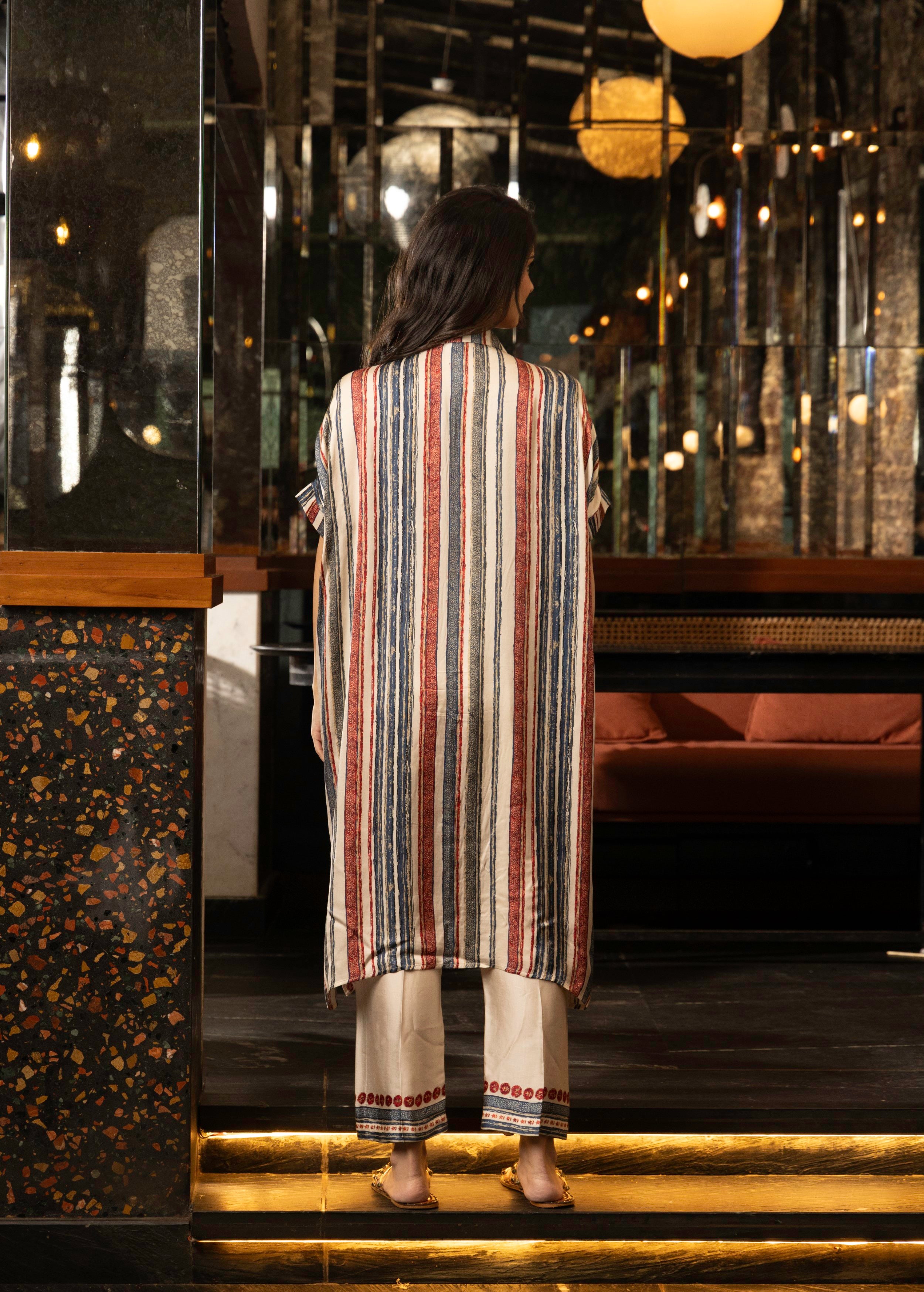 Ivory Stripe Print Satin Silk Kurta Set