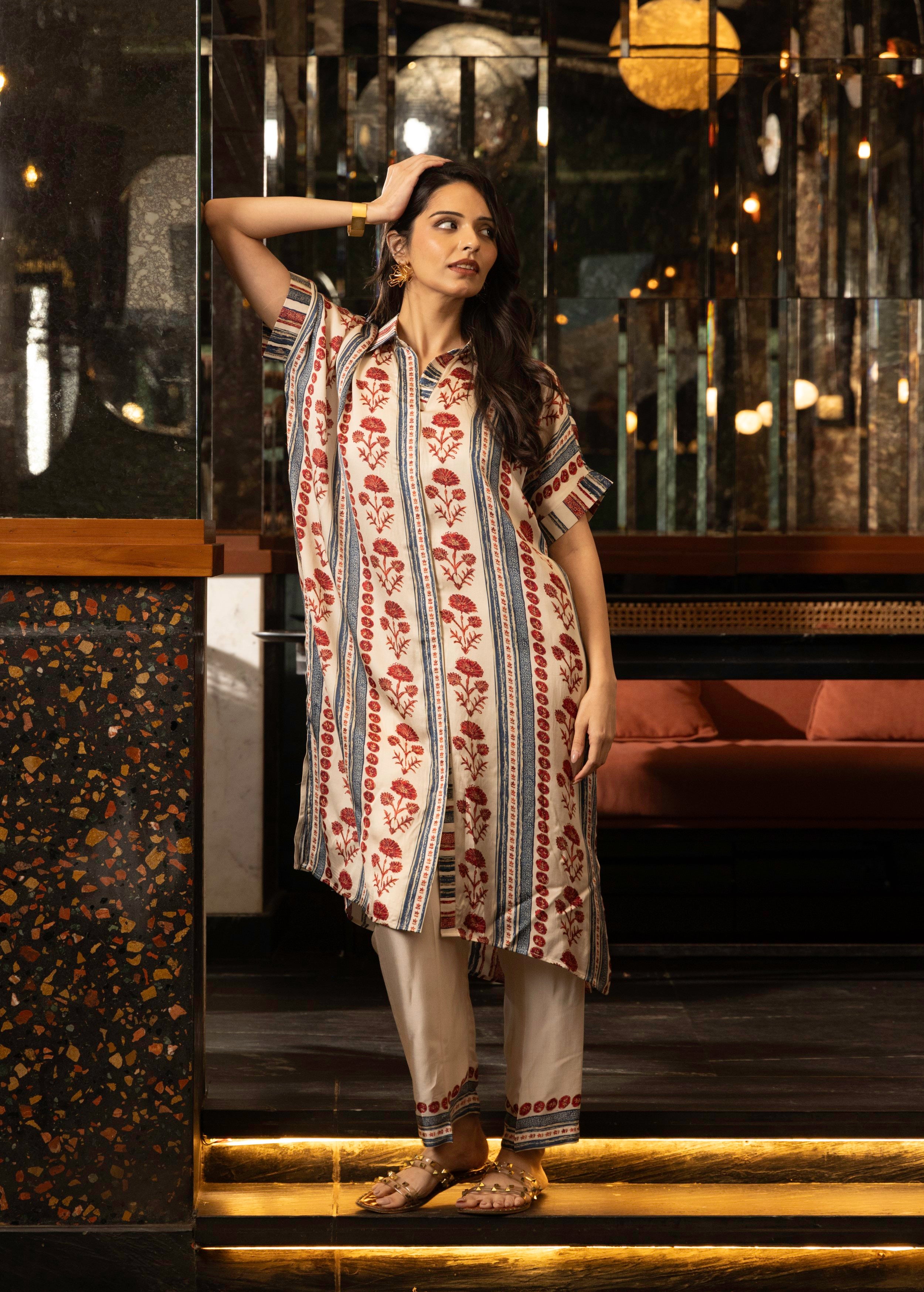Ivory Stripe Print Satin Silk Kurta Set