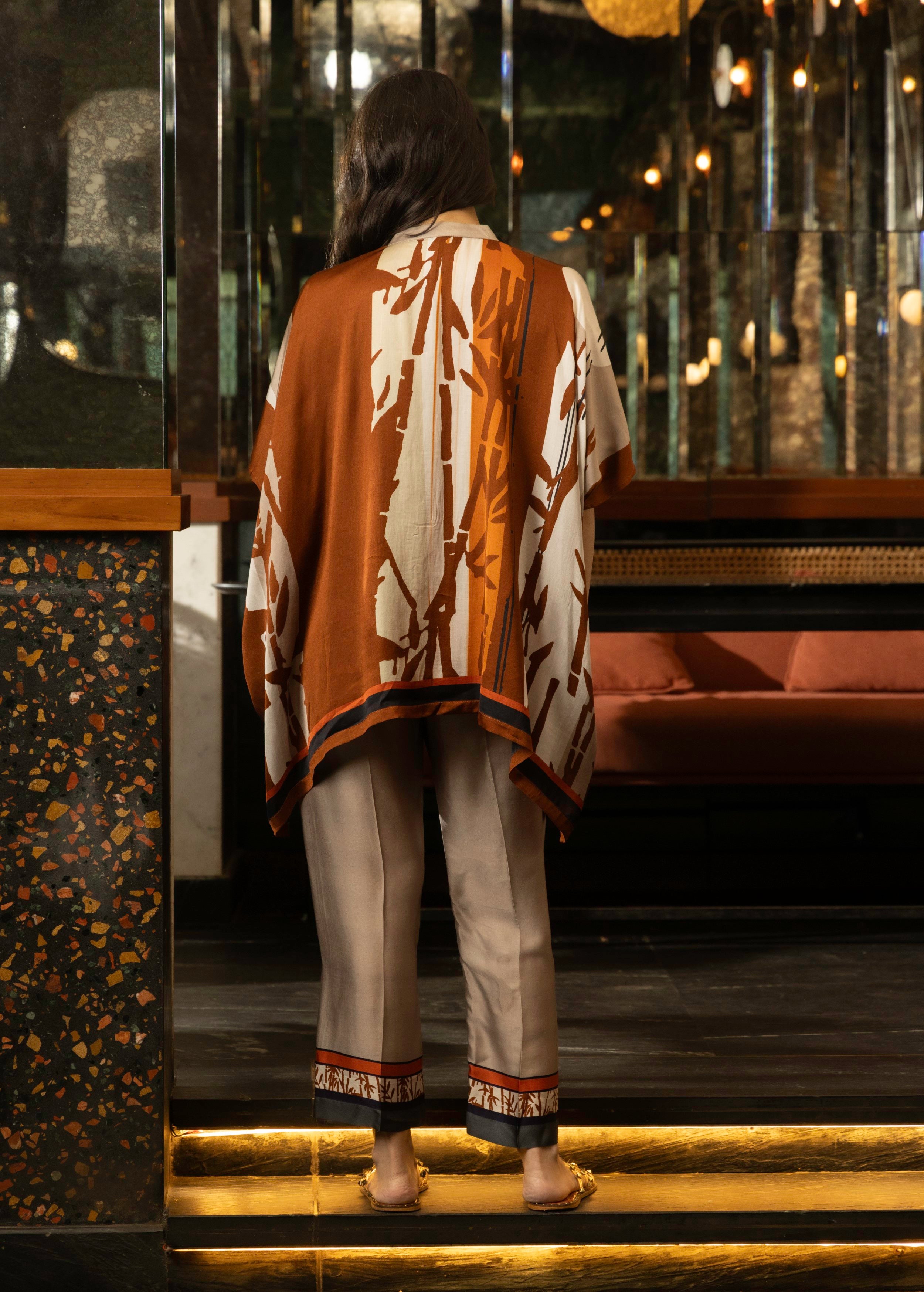 Rust Orange Abstract Print Satin Silk Kaftan Set