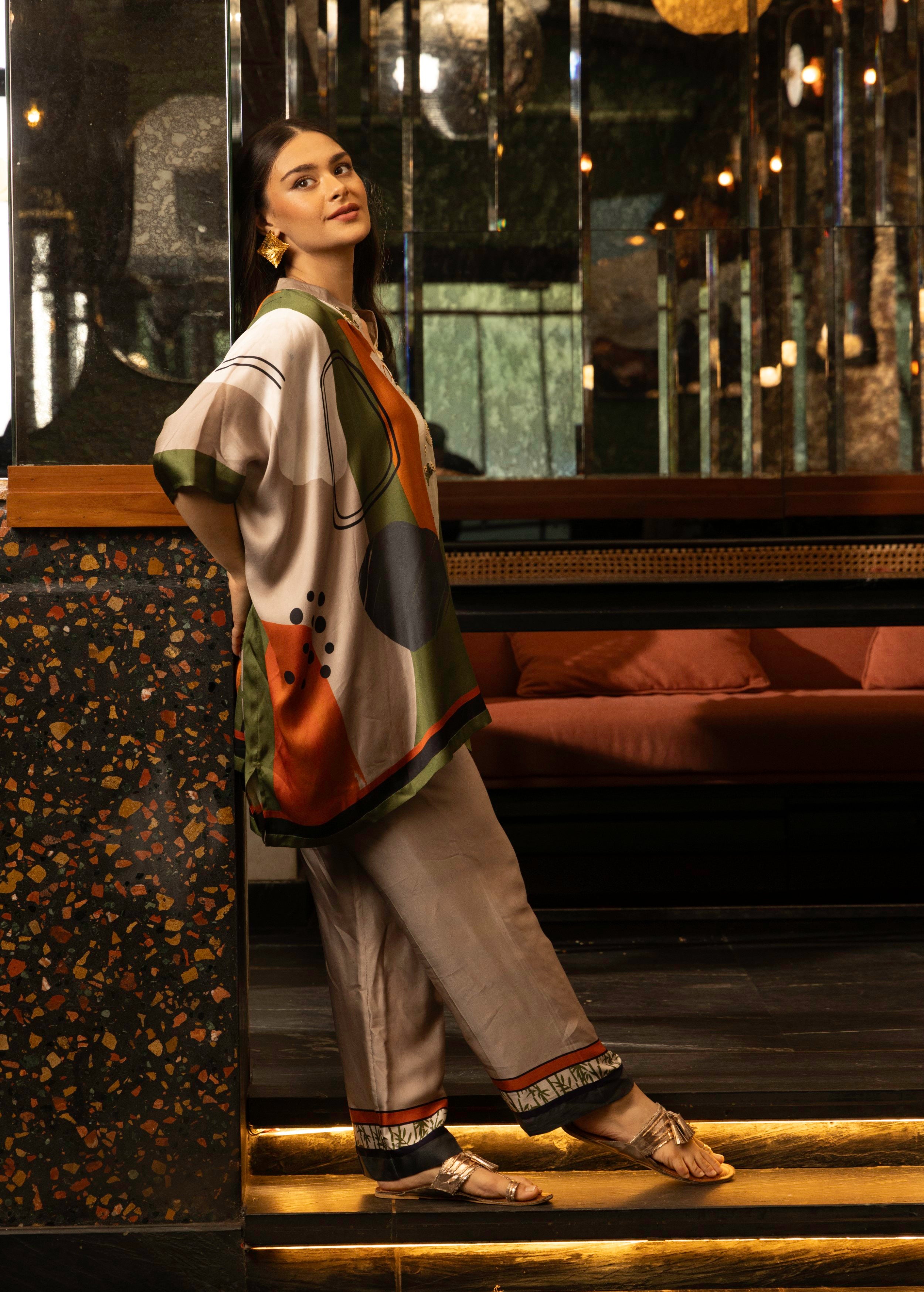 Olive Green Abstract Print Satin Silk Kaftan Set