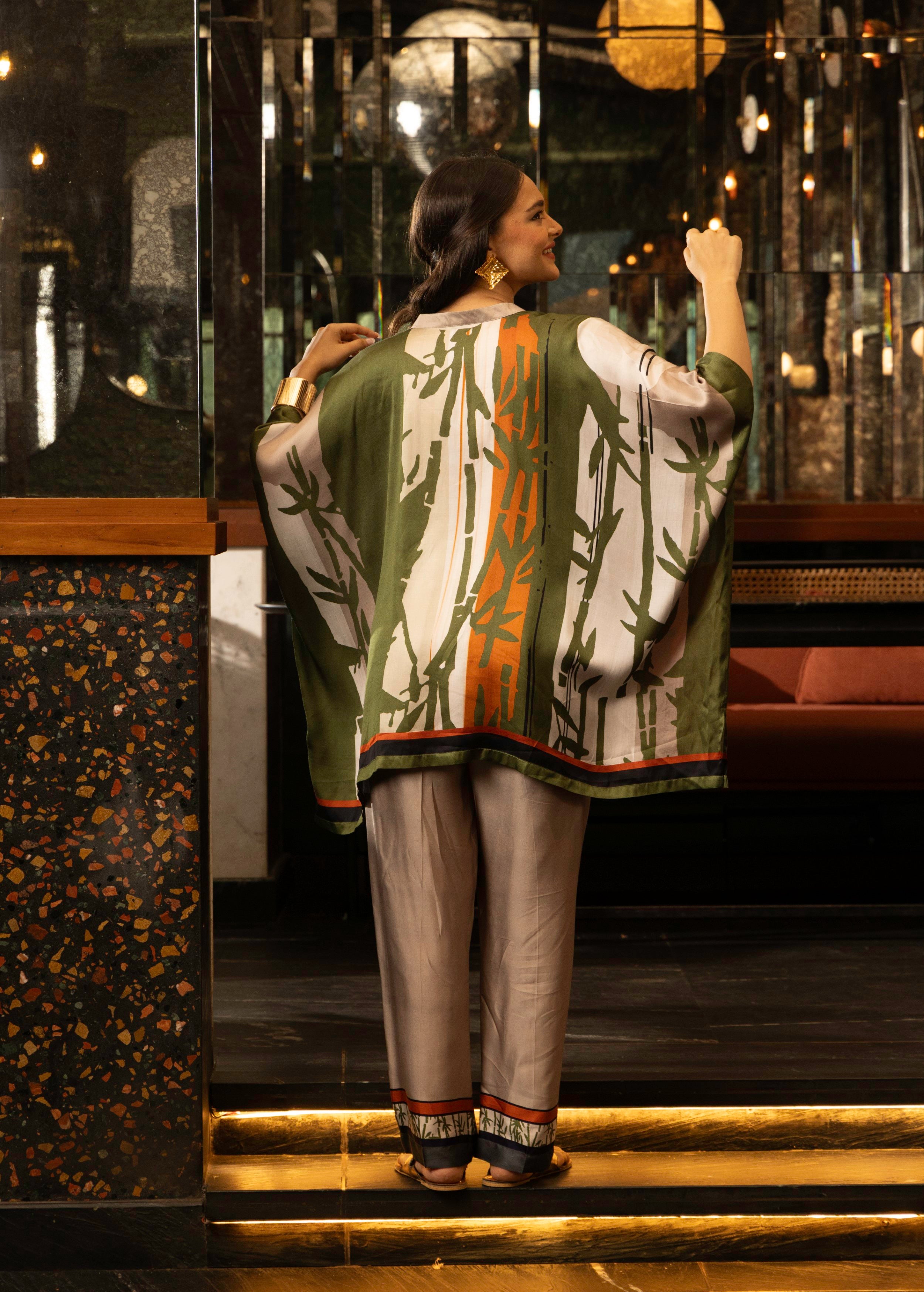 Olive Green Abstract Print Satin Silk Kaftan Set