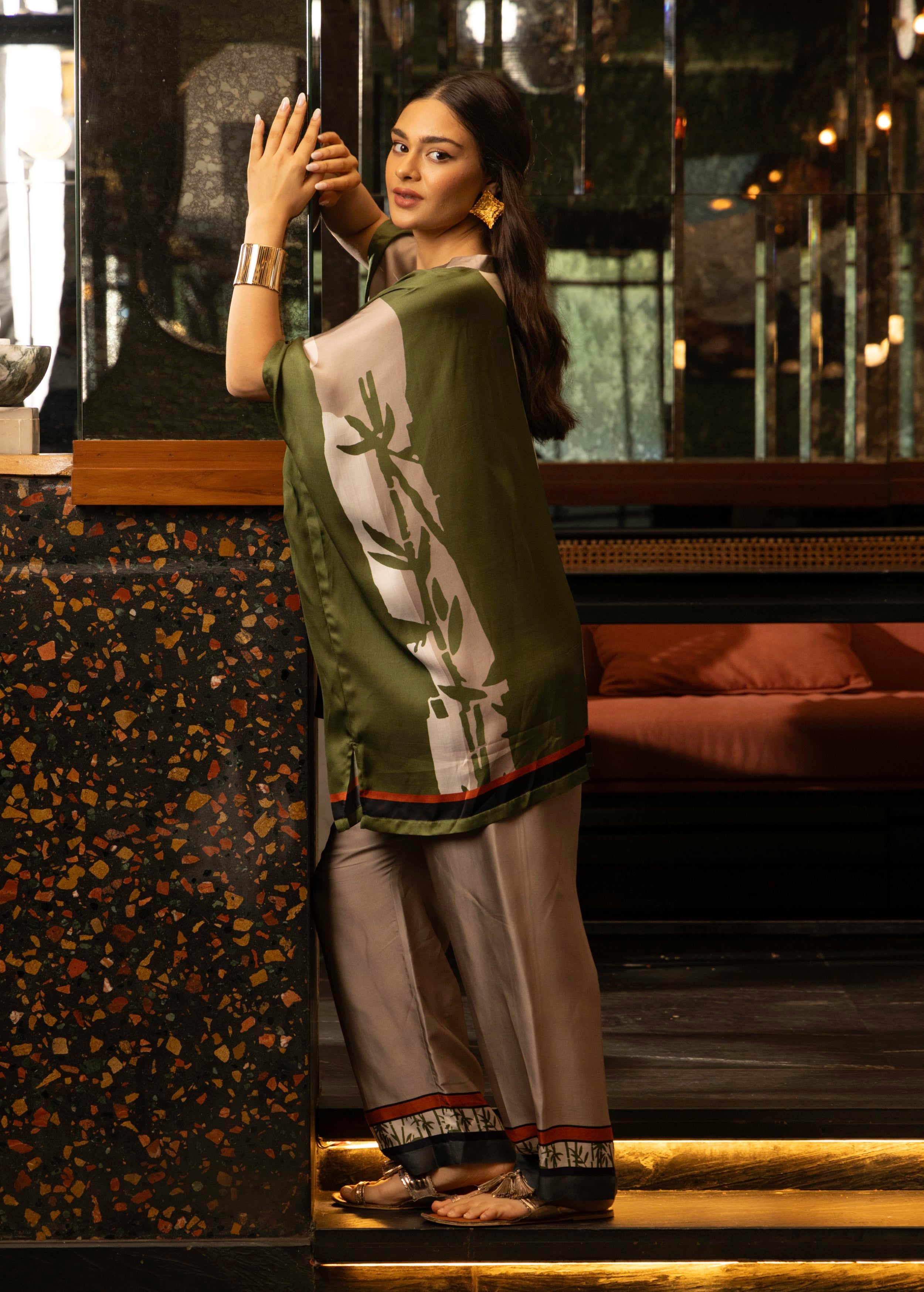Olive Green Abstract Print Satin Silk Kaftan Set