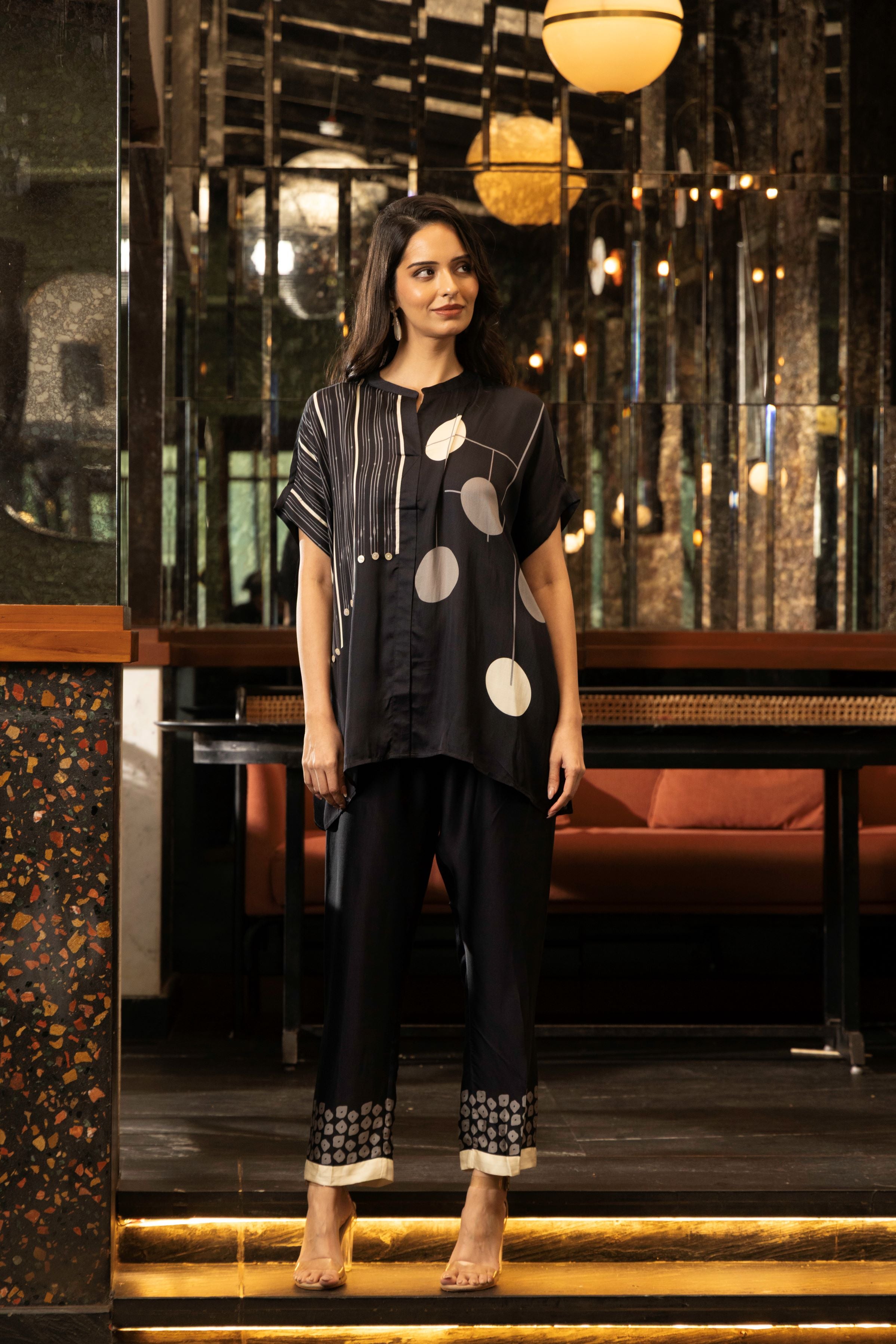 Classic Black Satin Silk Astract Print Co-Ord Set