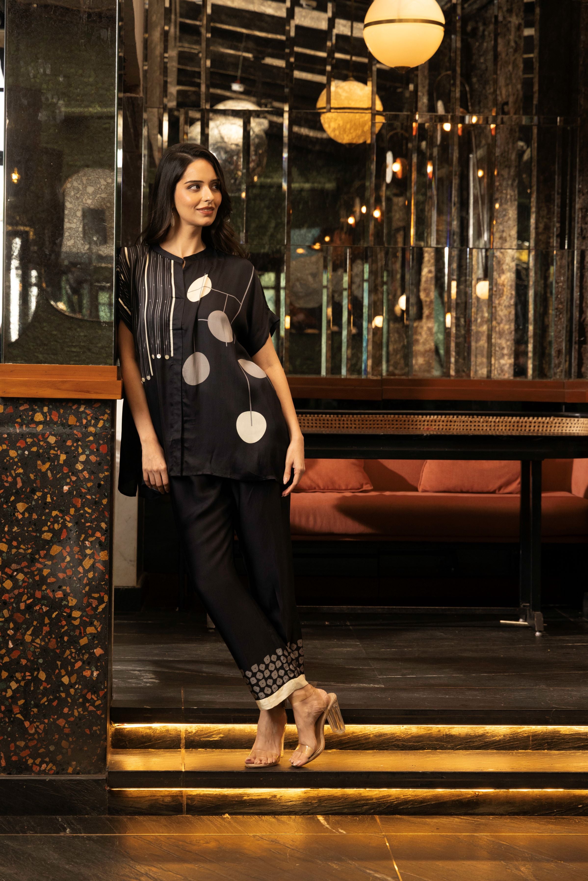 Classic Black Satin Silk Astract Print Co-Ord Set