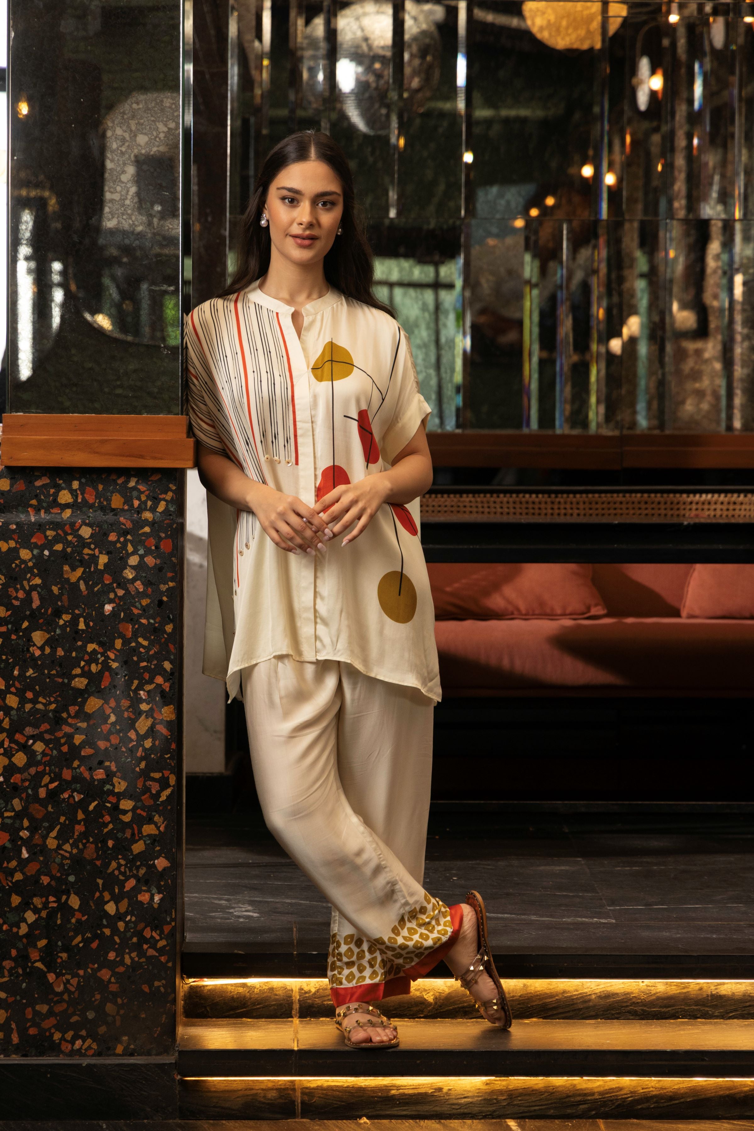 Ivory Satin Silk Astract Print Co-Ord Set