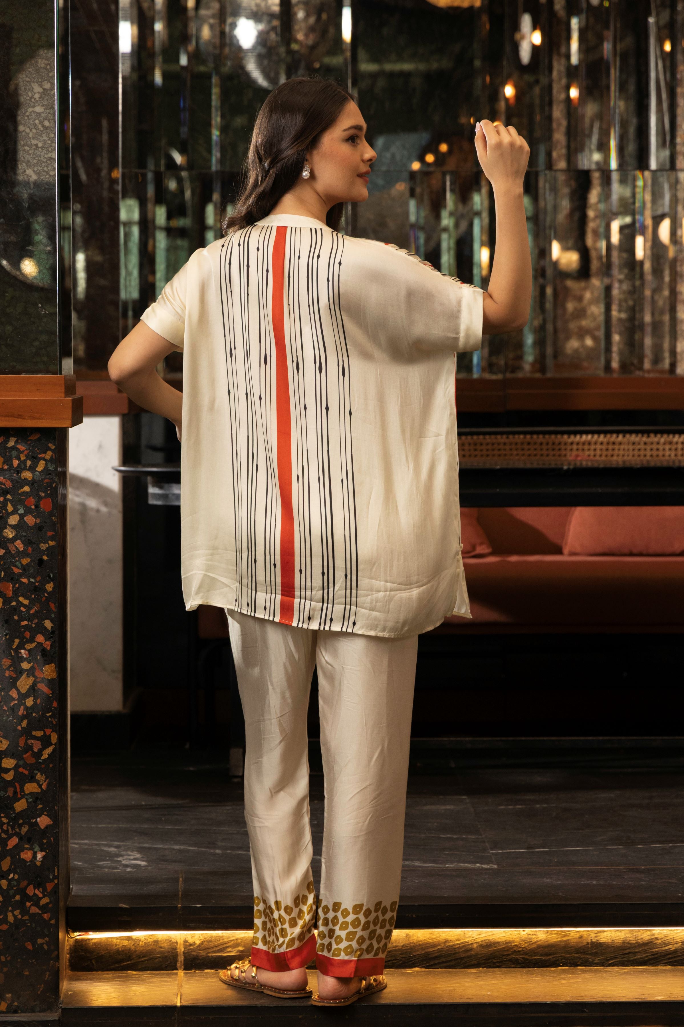 Ivory Satin Silk Astract Print Co-Ord Set