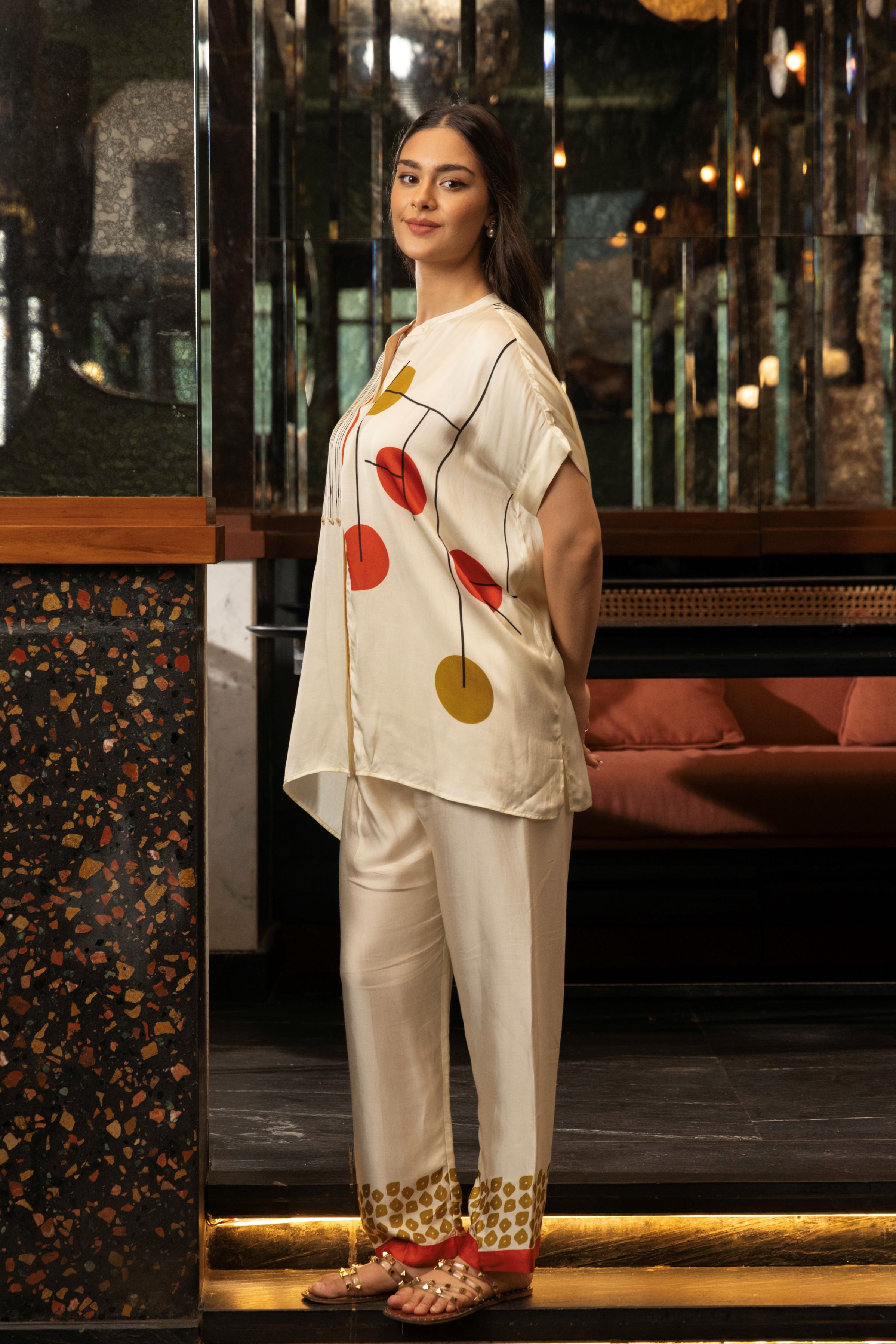 Ivory Satin Silk Astract Print Co-Ord Set