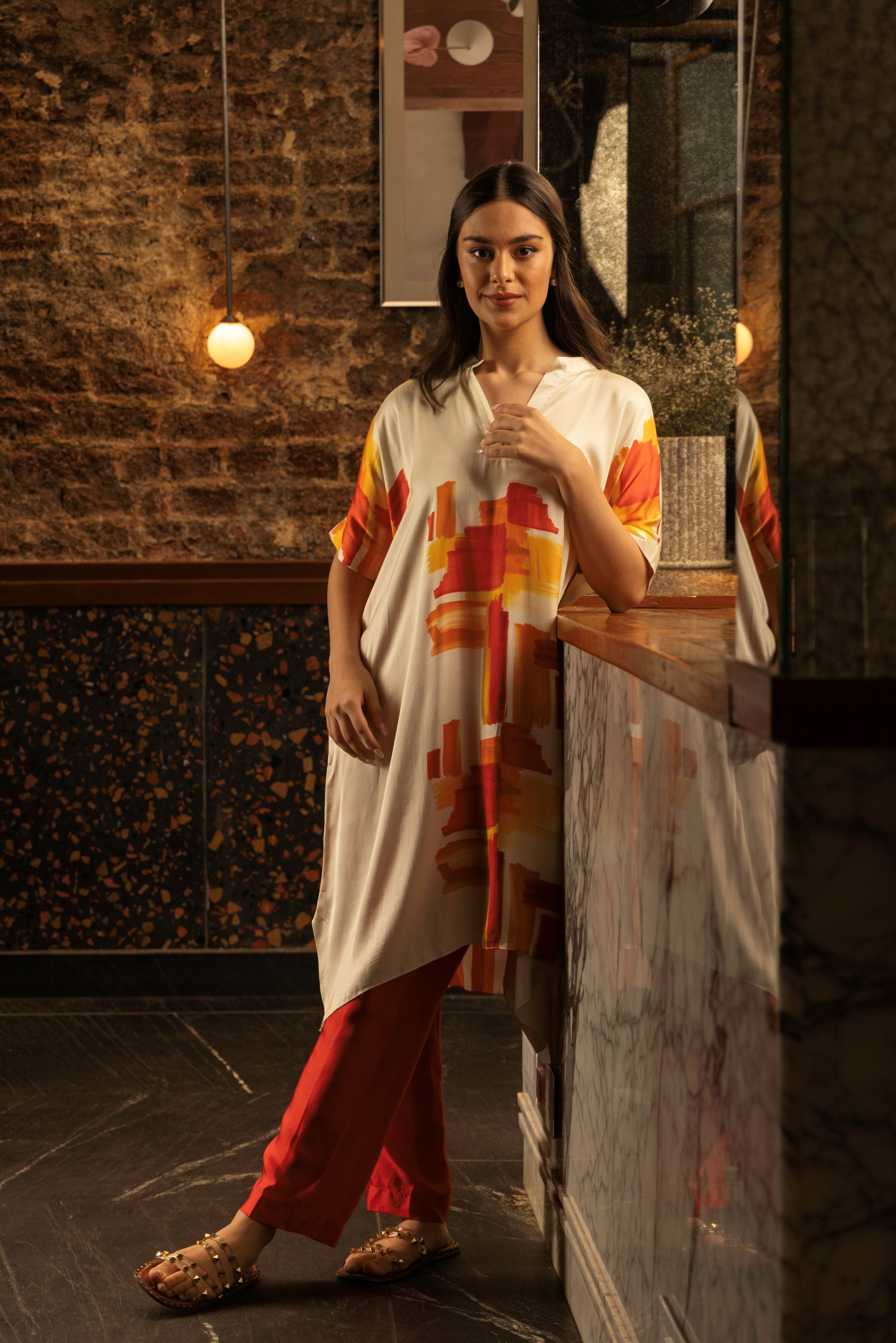 Cream & Red Abstract Print Satin Silk Kurta Set