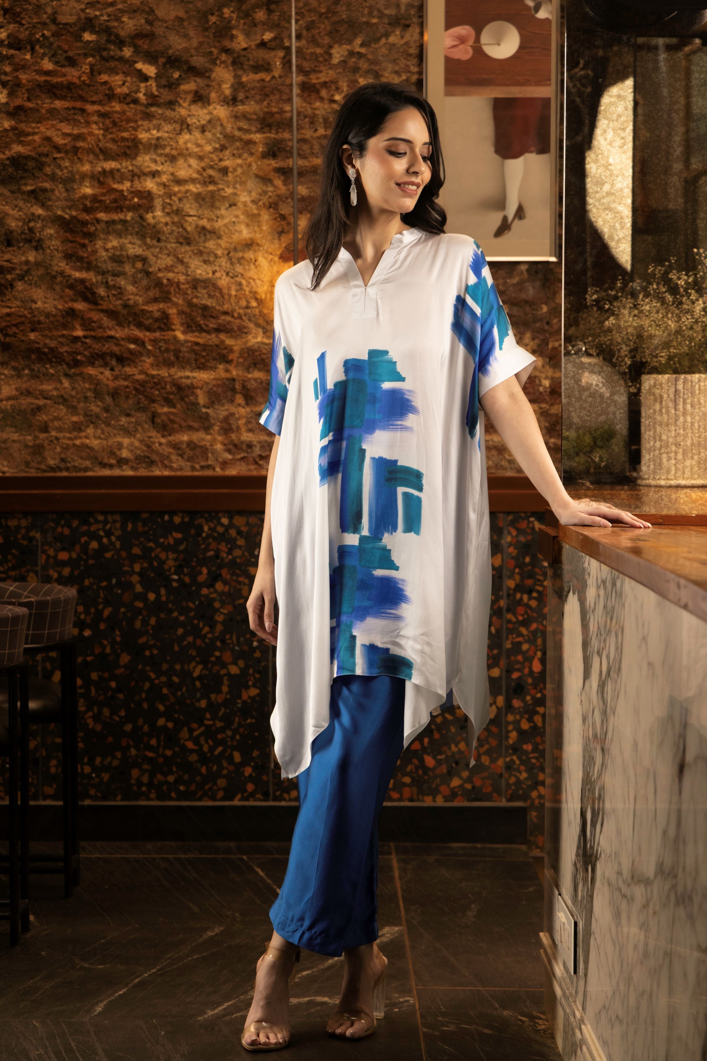White & Blue Abstract Print Satin Silk Kurta Set