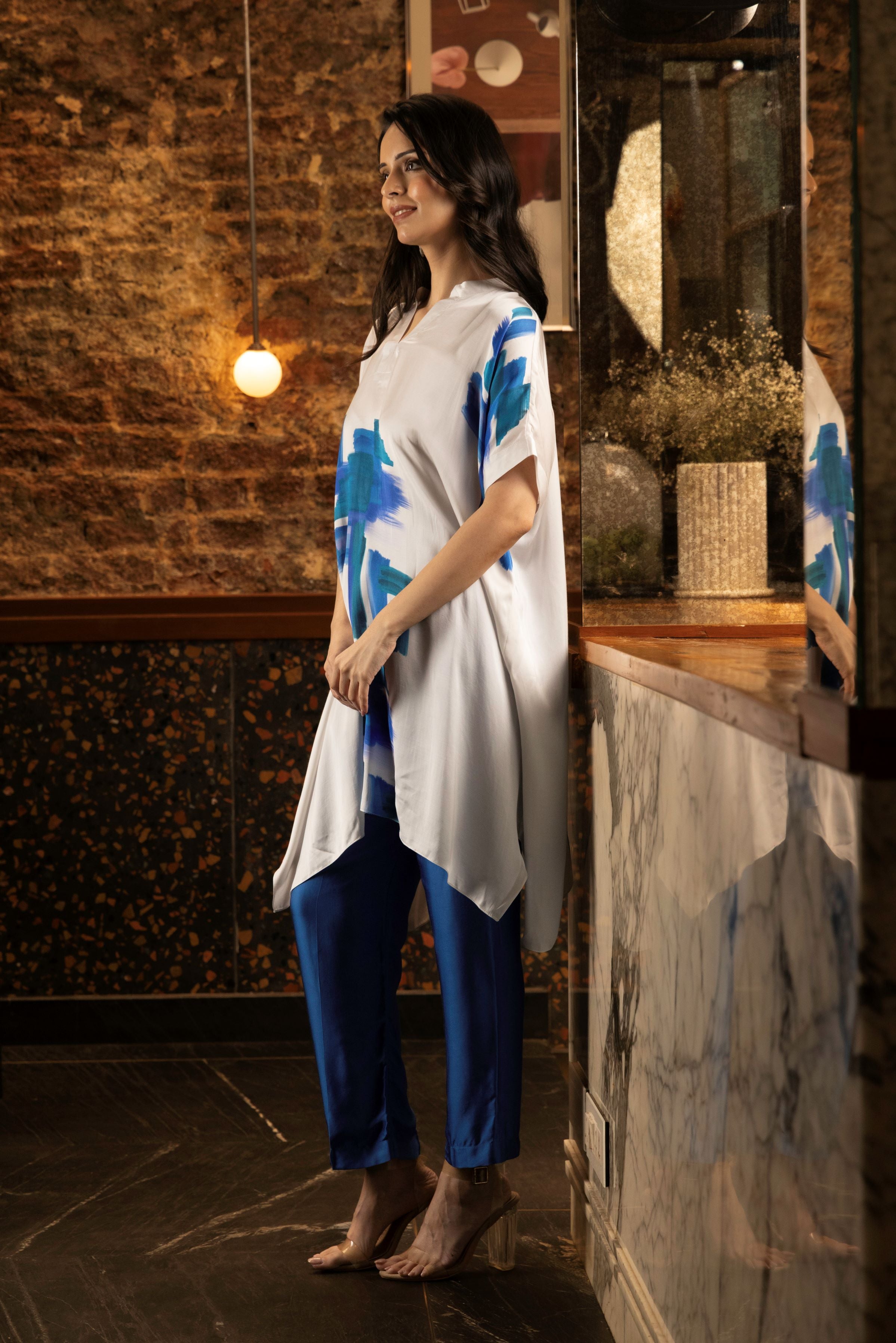 White & Blue Abstract Print Satin Silk Kurta Set