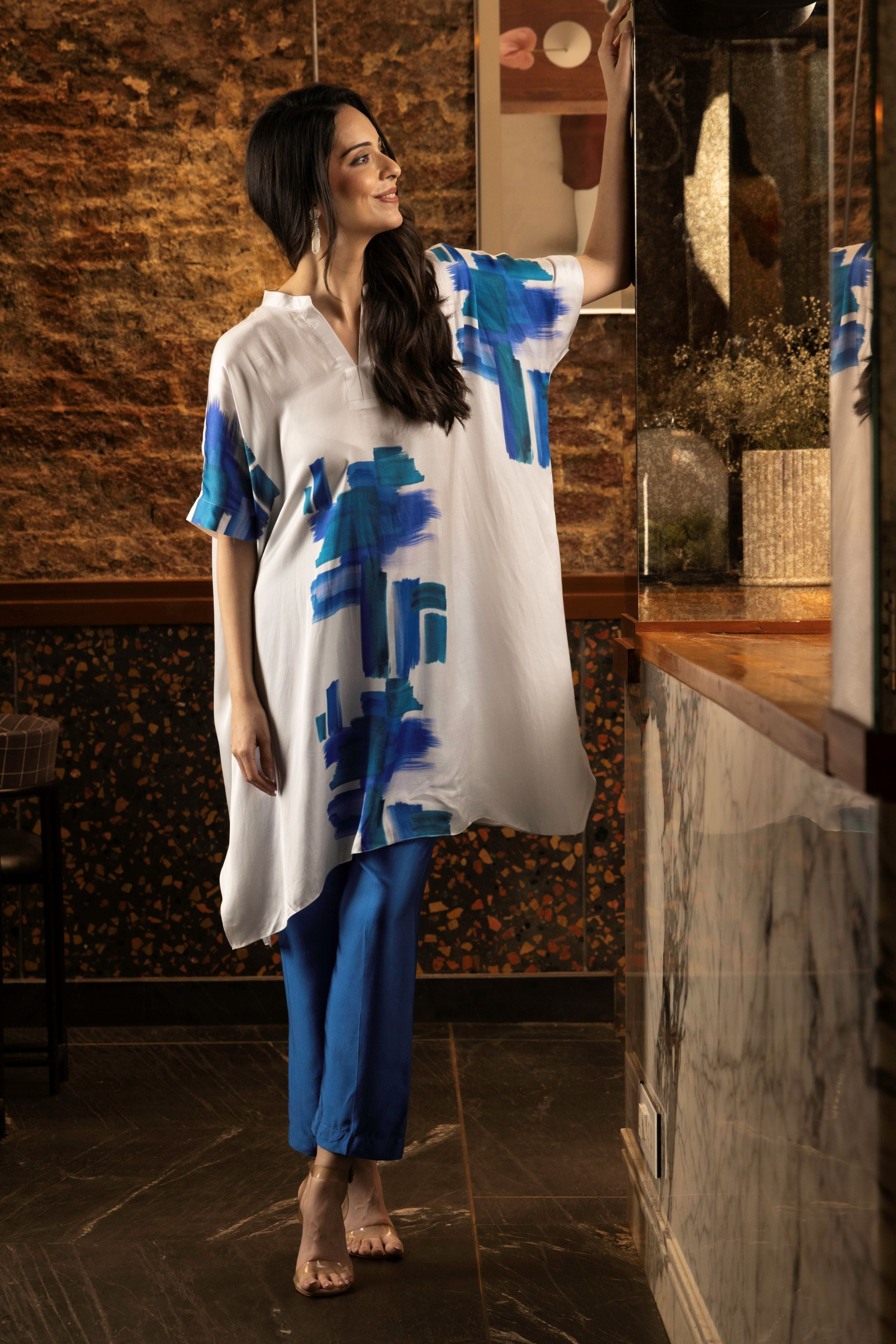 White & Blue Abstract Print Satin Silk Kurta Set