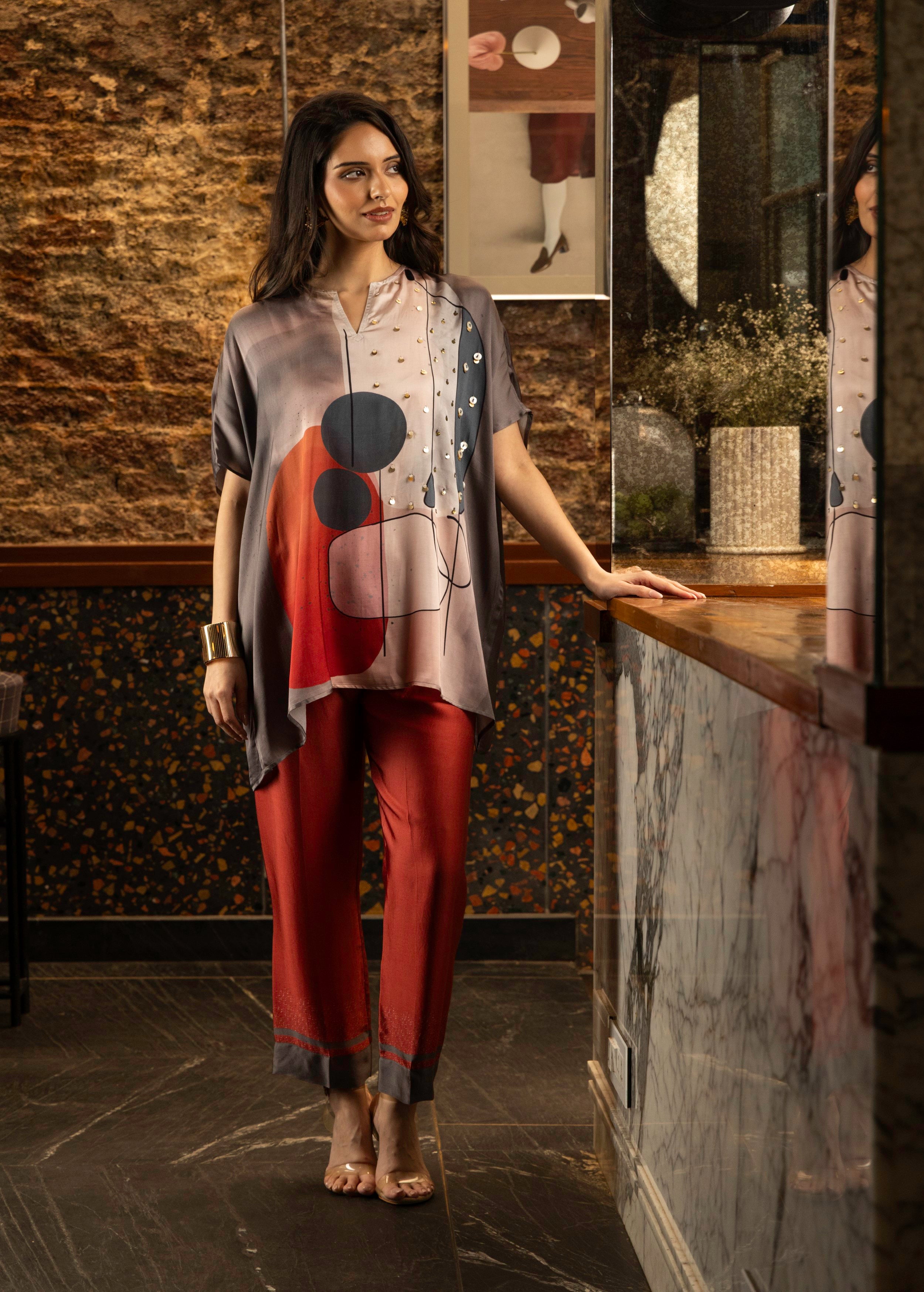 Maroon Abstract Print Satin Silk Kaftan Set